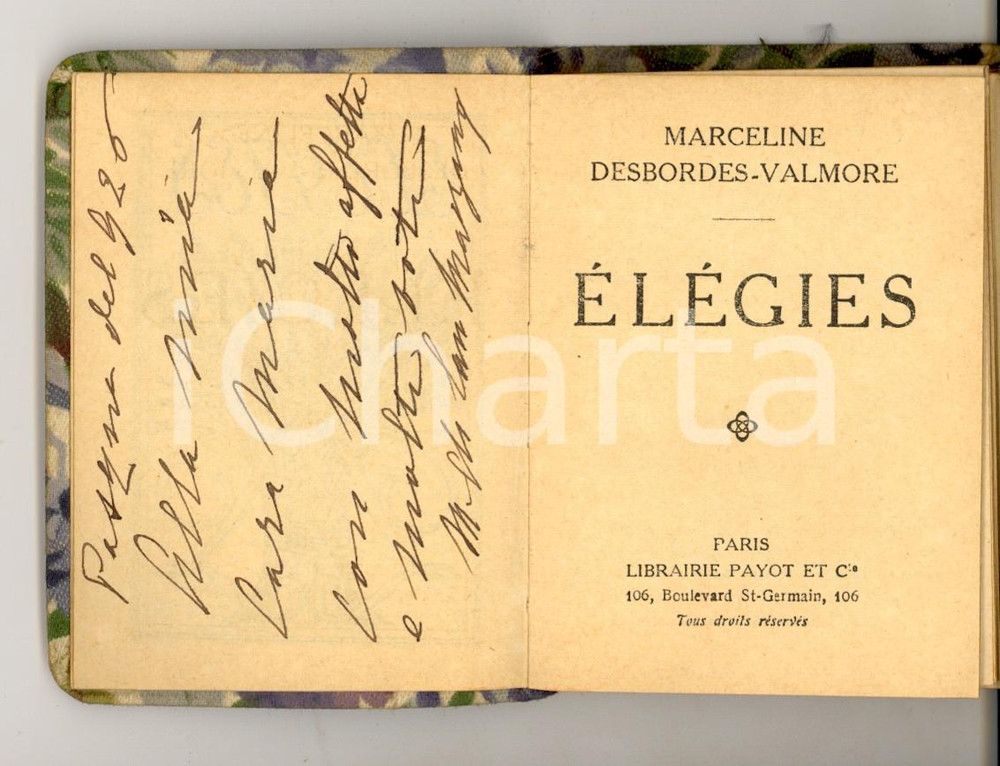 1920 Marceline DESBORDES-VALMORE Ã‰lÃ©gies *Librairie PAYOT BibliothÃ¨que miniature Volume d'epoca, legatura in tela.PAGINE: 124FORMATO: 6,5 x 9,5 cmCONDIZIONI: G    originale e autentica 1
