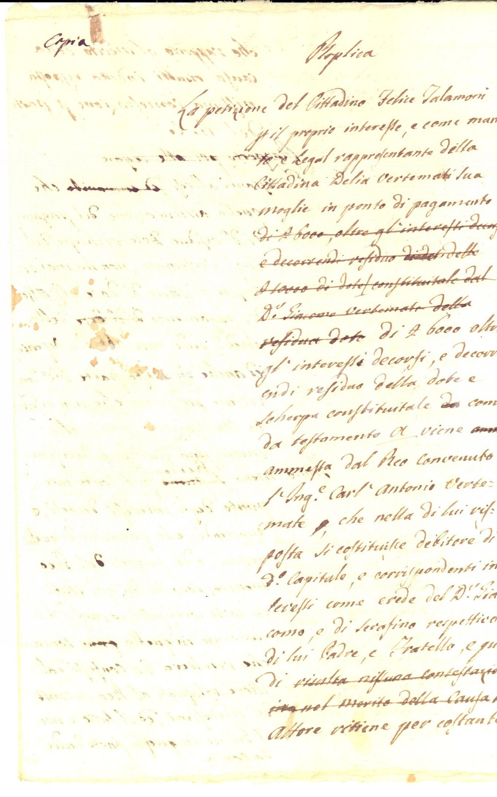 Documento originale, autentico 1810 ca VARESE Sul pagamento a Delia TALAMONI di dote e scherpa Manoscritto 1