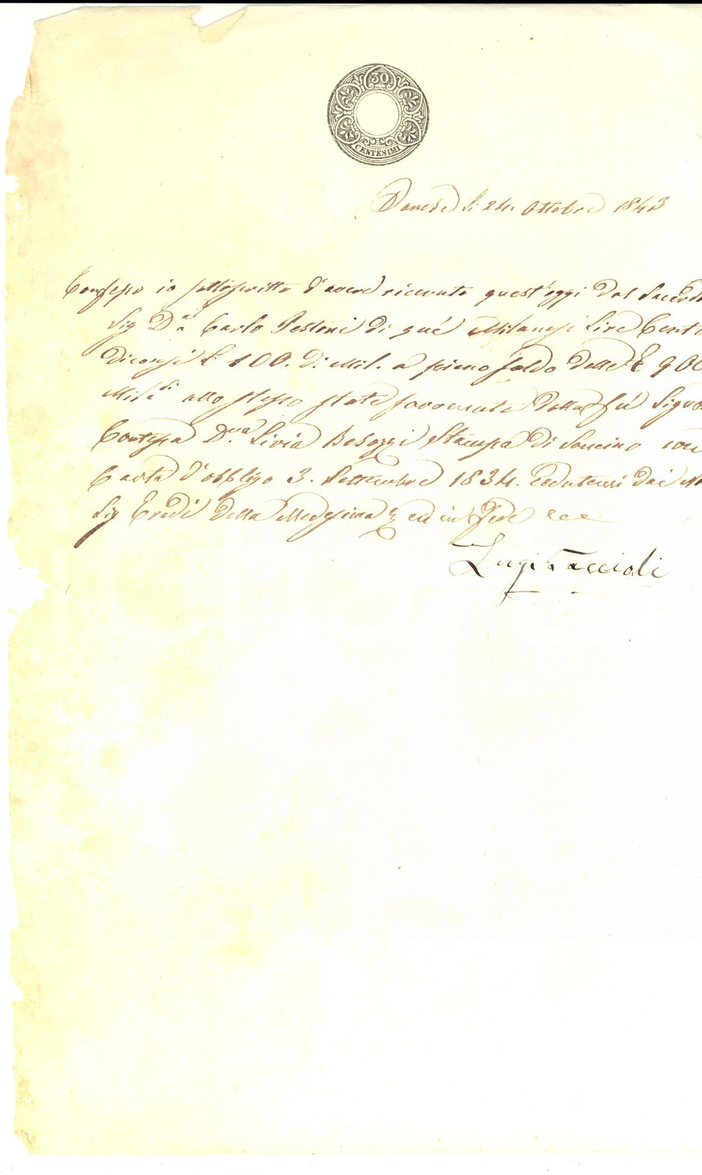 Documento originale, autentico 1843 VARESE Luigi TACCIOLI riceve saldo dal sacerdote Carlo PESTONI Manoscritto 1