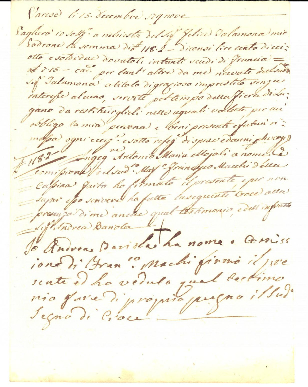 Documento originale, autentico 1799 VARESE Prestito Felice TALAMONI a Francesco MACCHI per la Fiera di Lugano 1