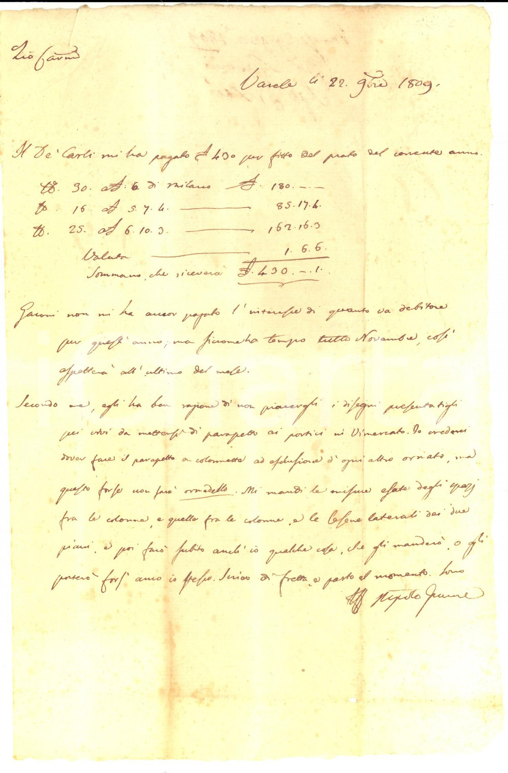 Documento originale, autentico 1809 VIMERCATE MB Parapetto a colonne per palazzo signorile Famiglia SPERONI 1