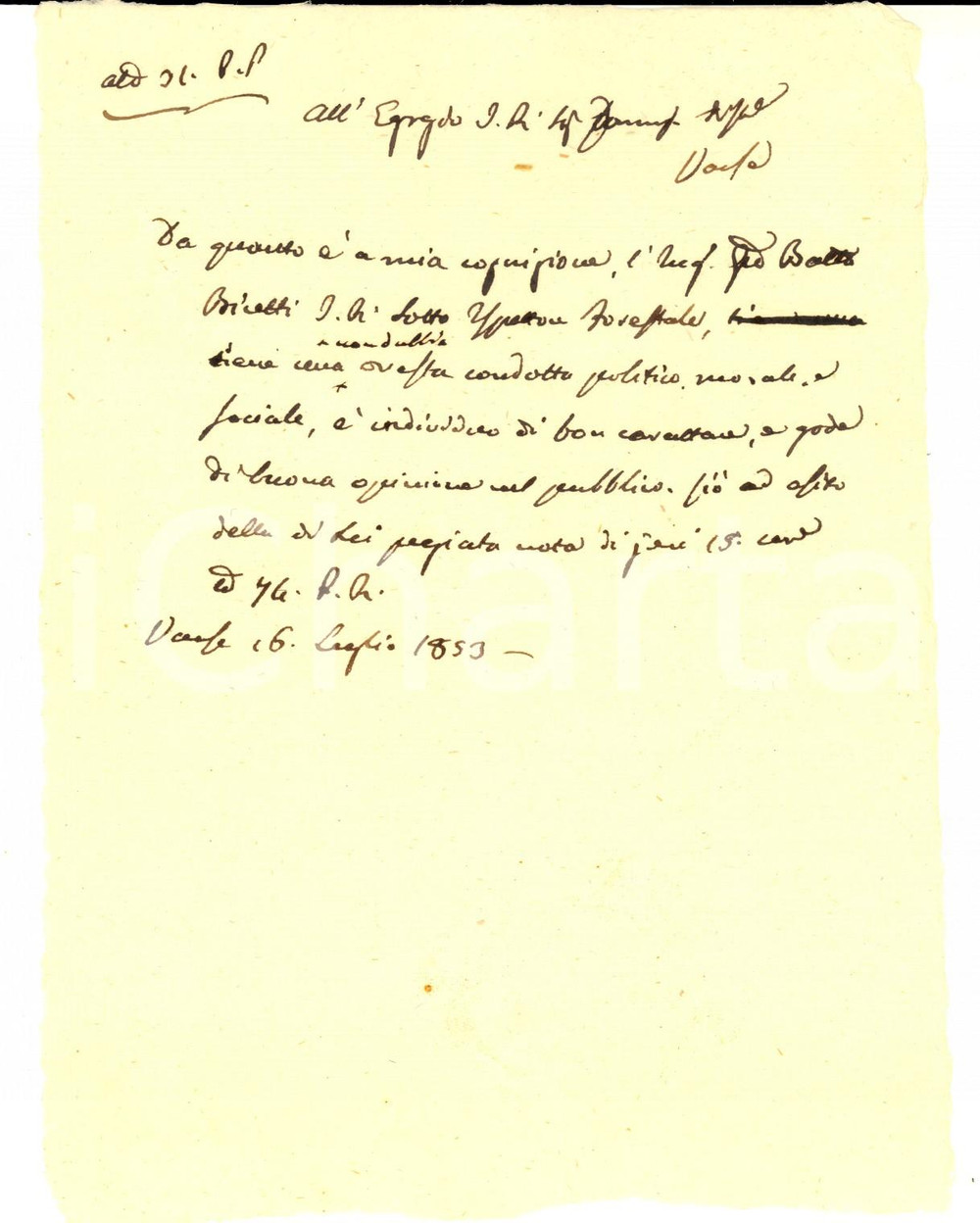 Documento originale, autentico 1853 VARESE Ottima condotta di Giovanni Battista BICETTI ispettore forestale 1