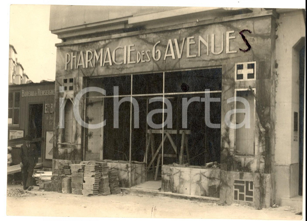 Fotografia d epoca originale 1940 ca WW2 FRANCE Pharmacie des six avenues dÃ©truite par la guerre Photo 16x13 1