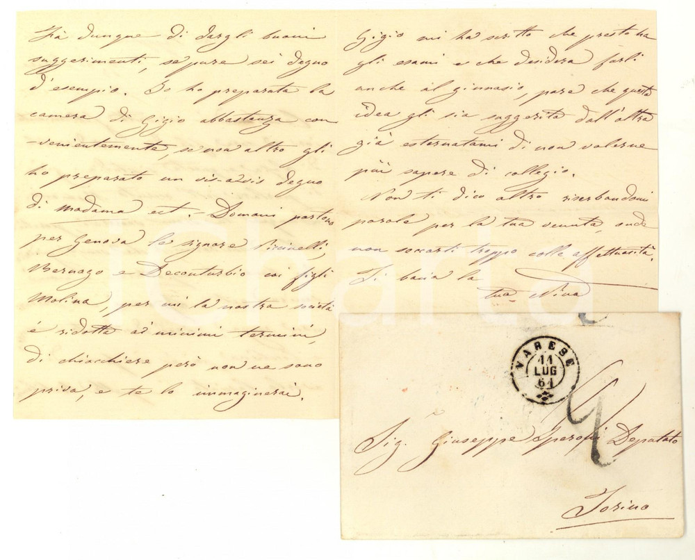 Manoscritto, lettera originale 1861 VARESE Giulia GAVAZZI attende il marito Giuseppe SPERONI deputato Lettera 1