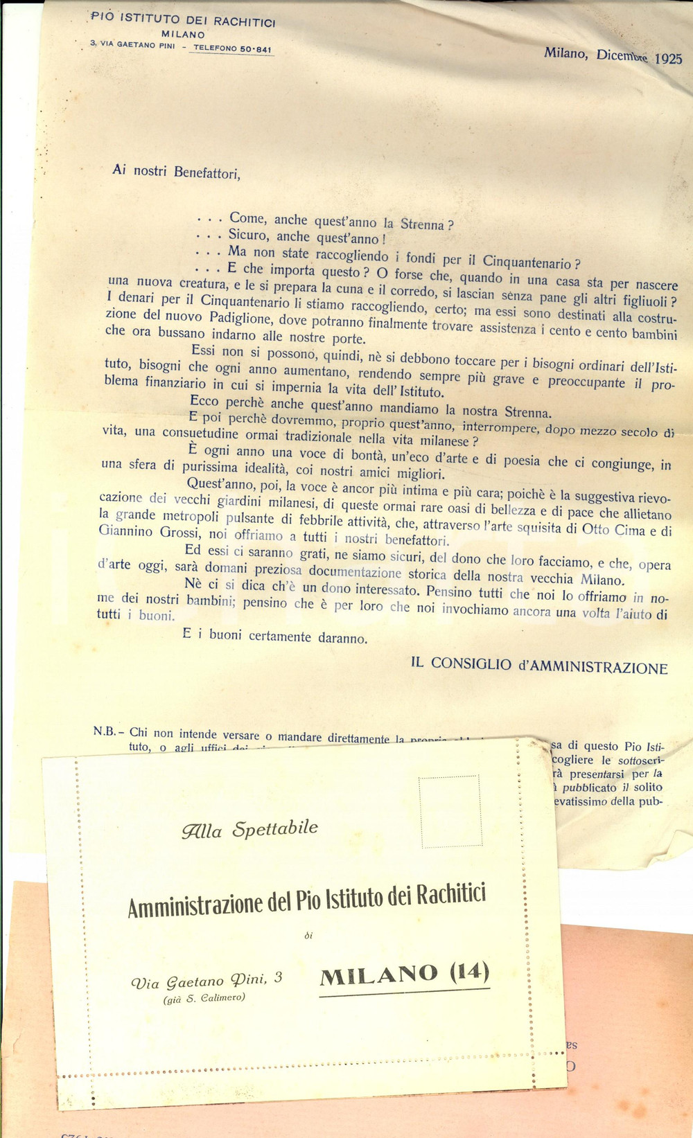Documento originale, autentico 1925 MILANO PIO ISTITUTO RACHITICI Lettera ai benefattori per le offerte 1