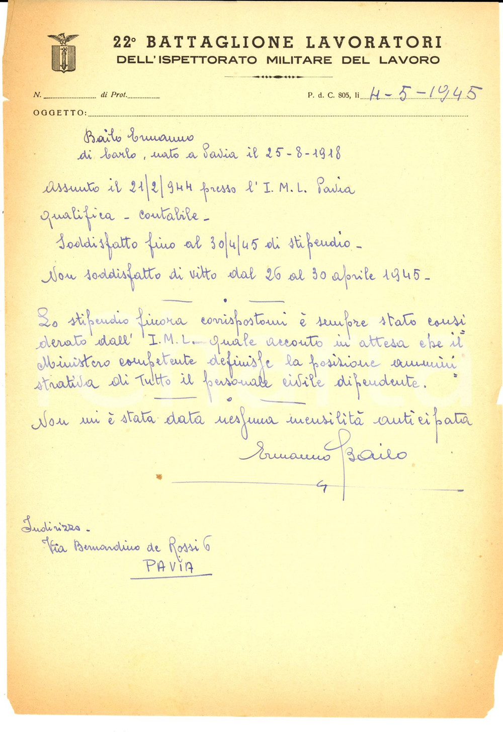 Documento originale, autentico 1945 Posta di Campo 805 22Â° Battaglione LAVORATORI Notizie di Ermanno BAILO 1