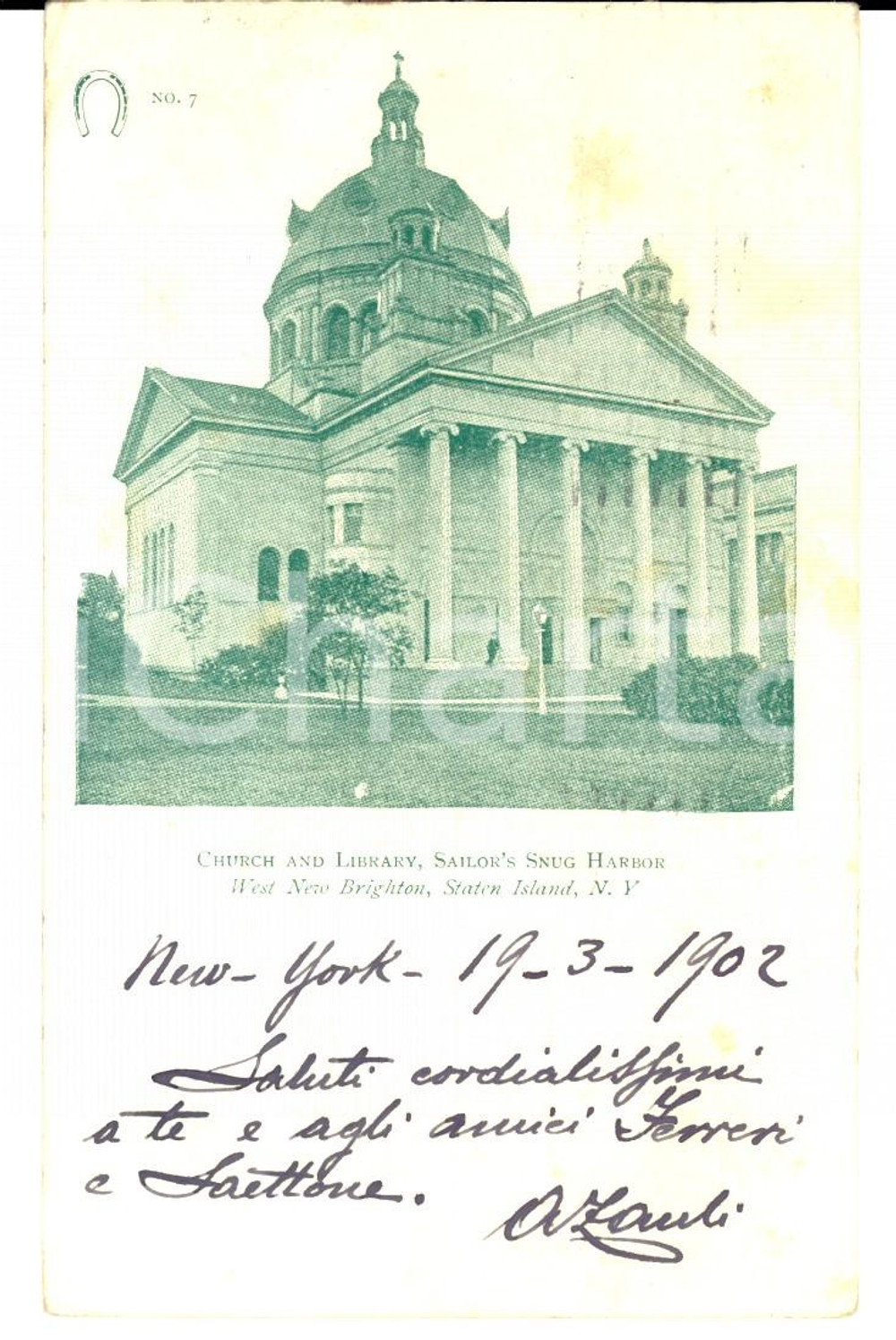 Autografo originale 1902 NEW YORK Church and library Cartolina ing. Antonio ZAULI FP VG 1