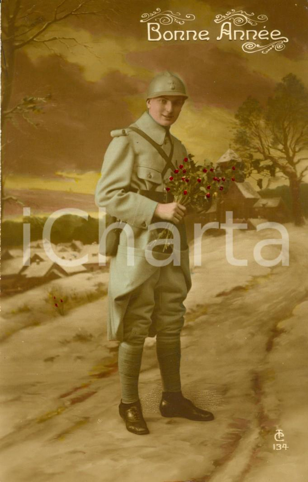 Cartolina originale da collezione 1938 BONNE ANNEE Soldato in posa con mazzo di fiori Cartolina VINTAGE FP NV 1