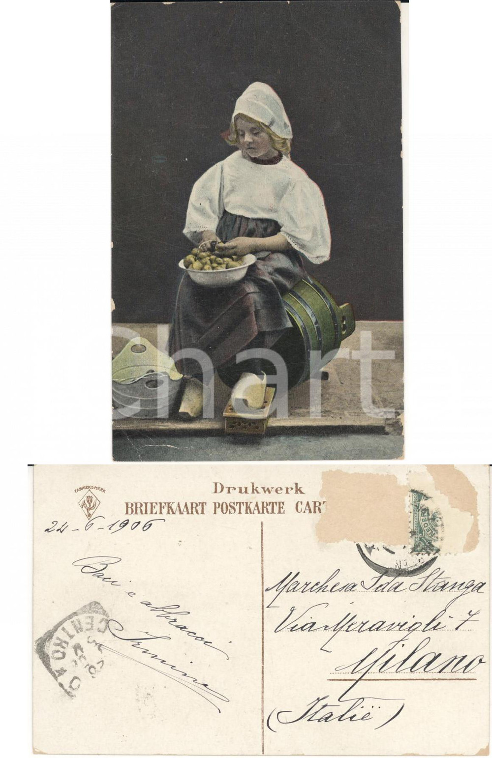 Cartolina originale da collezione 1906 OLANDA Contadina in costume pela patate Autografo marchesa  Irmina STANGA 1