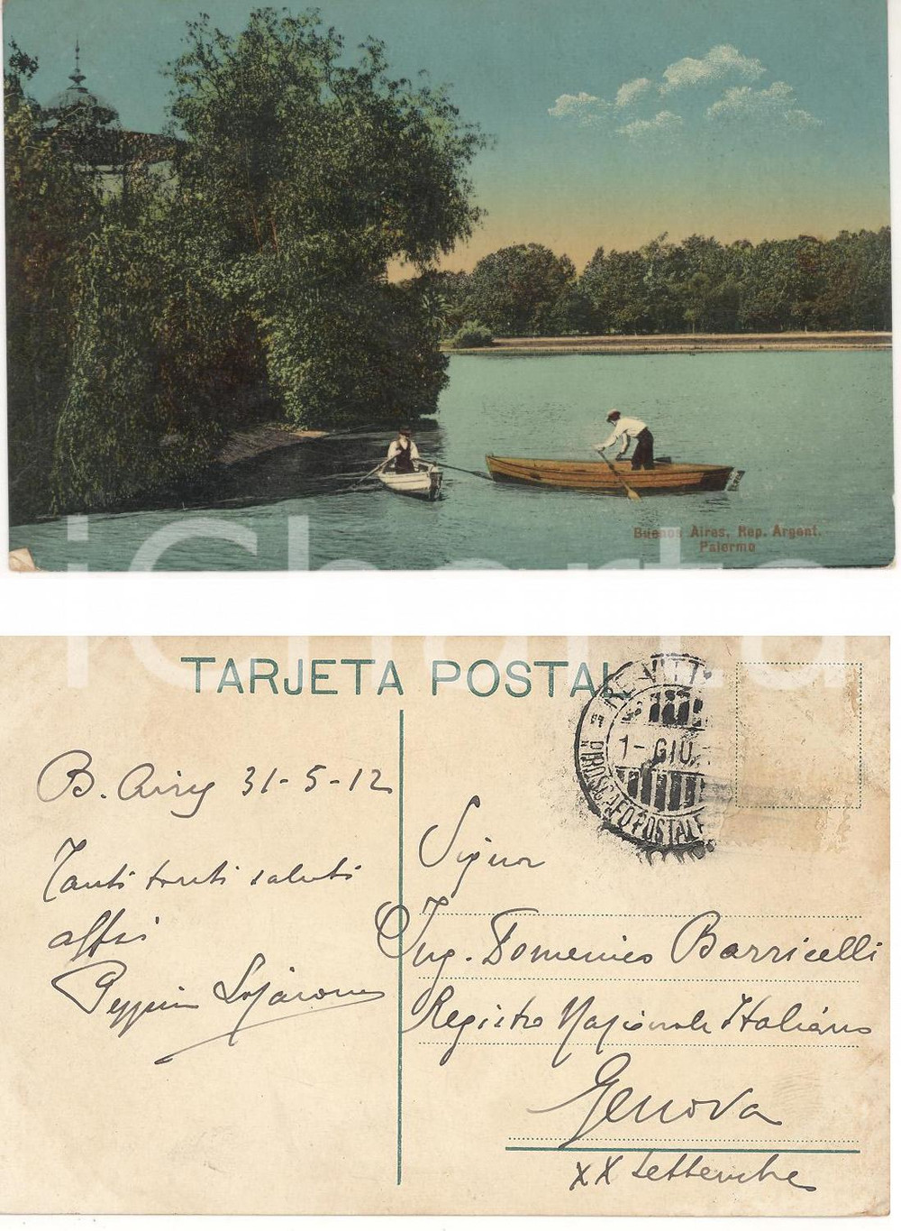 Cartolina originale da collezione 1912 BUENOS AIRES Battellieri al quartiere PALERMO Ing. Giuseppe LOJACONO 1