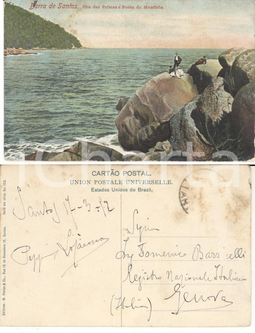 Cartolina originale da collezione 1912 SANTOS BRAZIL Ilha das Palmas Cartolina ANIMATA ing. Giuseppe LOJACONO 1