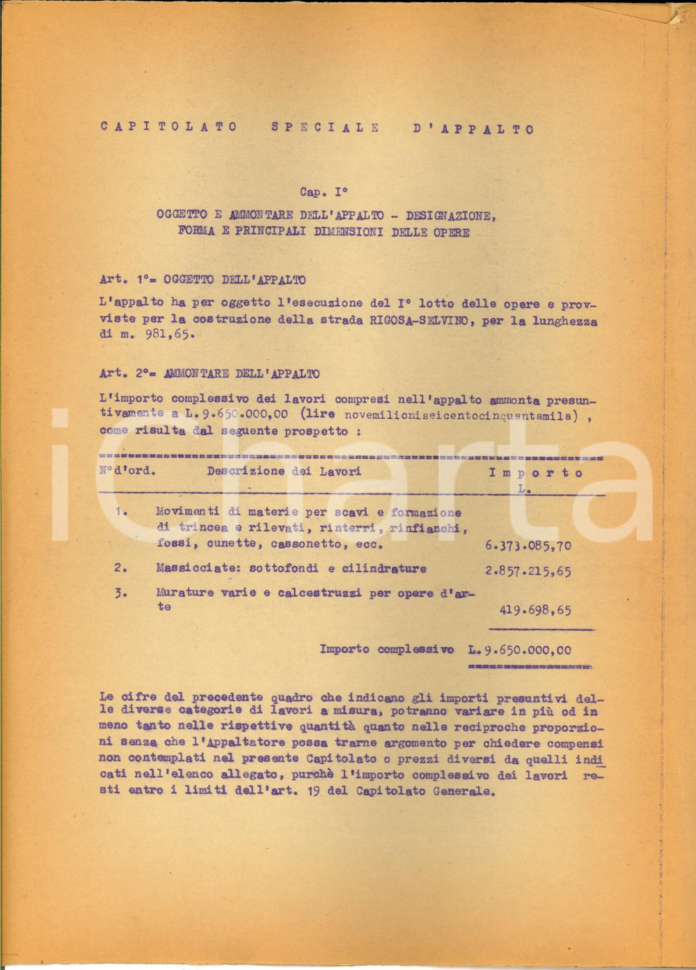 Documento originale, autentico 1947 Strada SELVINORIGOSA BG Capitolato d appalto e tariffa dei prezzi 36 pp. 1