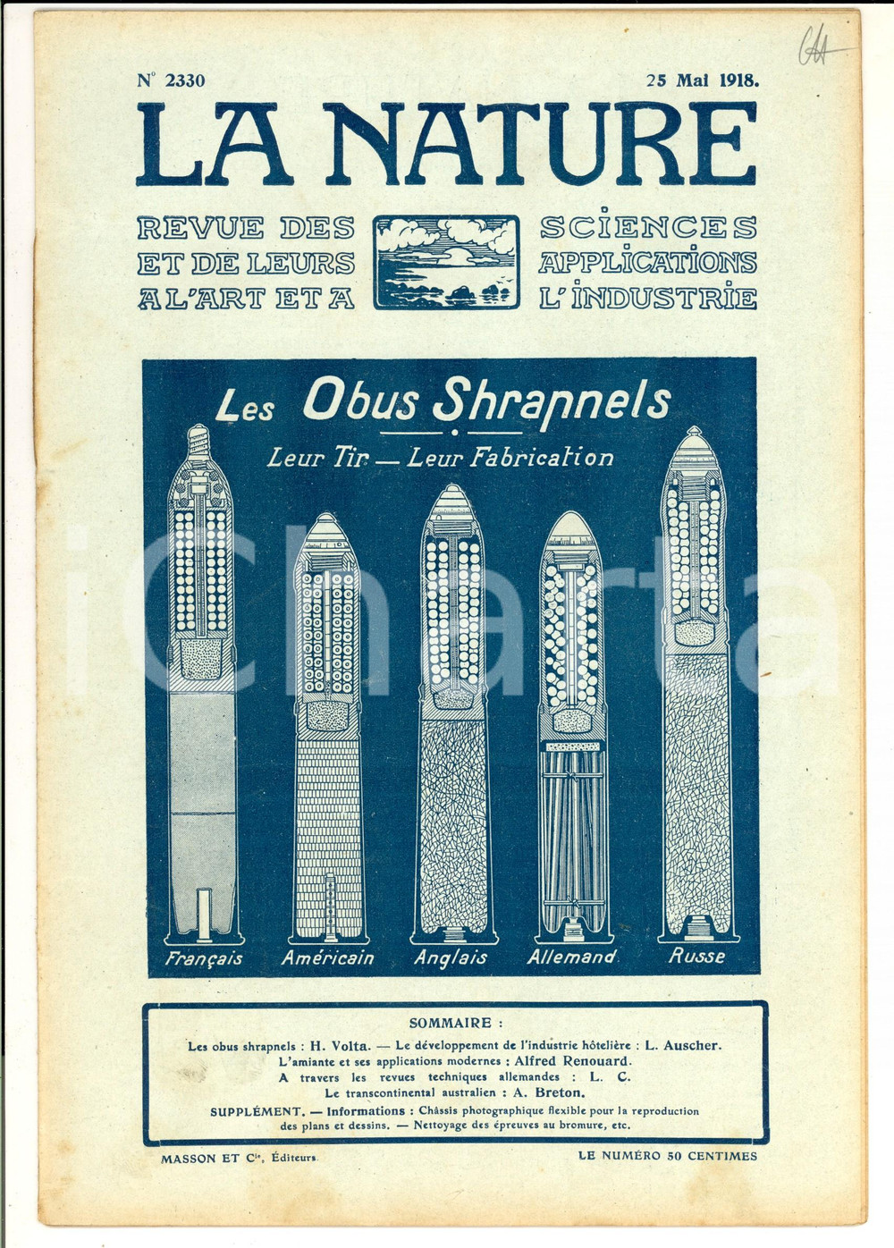 Giornale, rivista storica 1918 LA NATURE Les obus SHRAPNELS  Tir et fabrication Revue ILLUSTREE nÂ° 2330 1