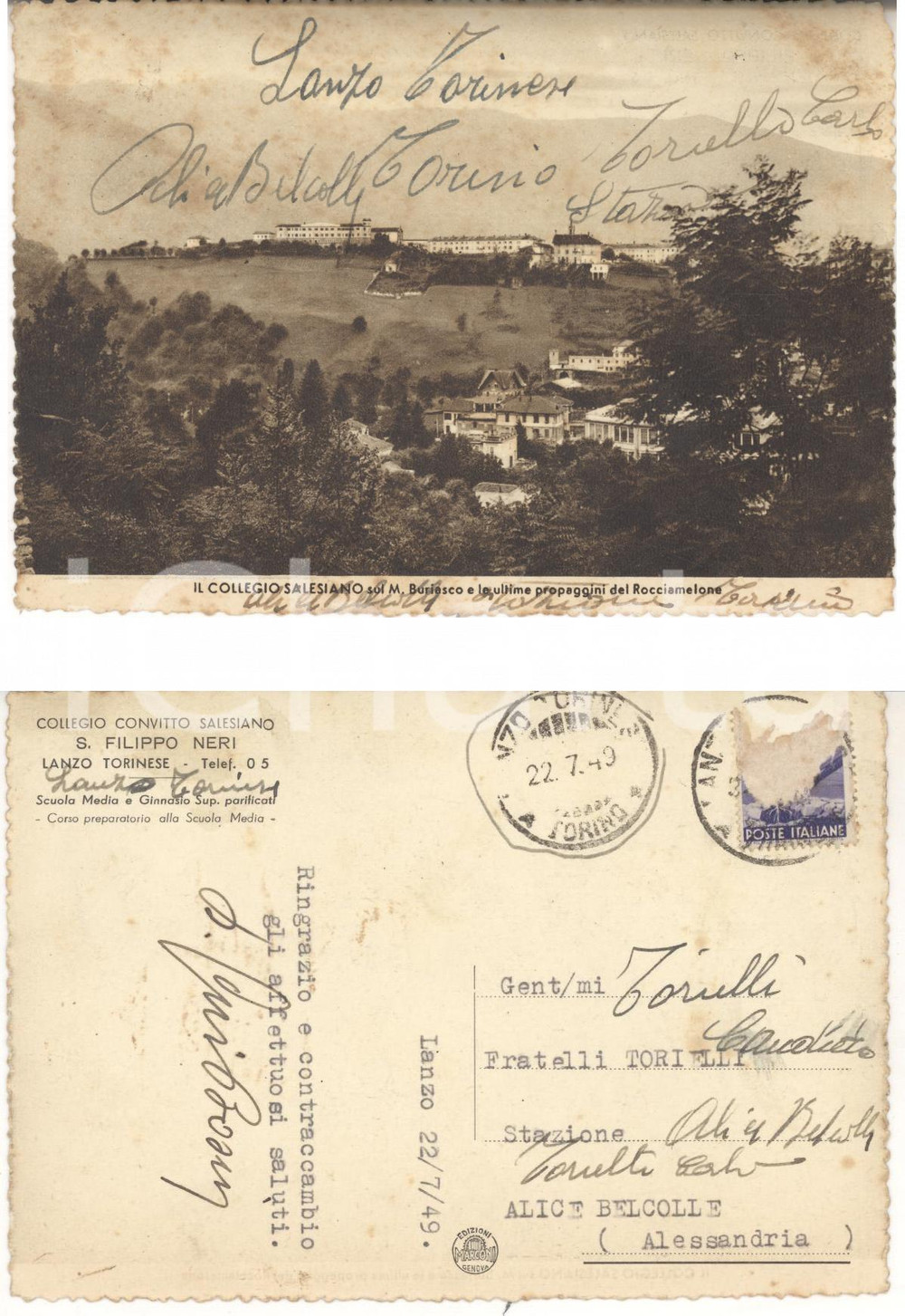 Autografo originale 1949 LANZO TORINESE TO Convitto SAN FILIPPO NERI Cartolina don BOSIO 1