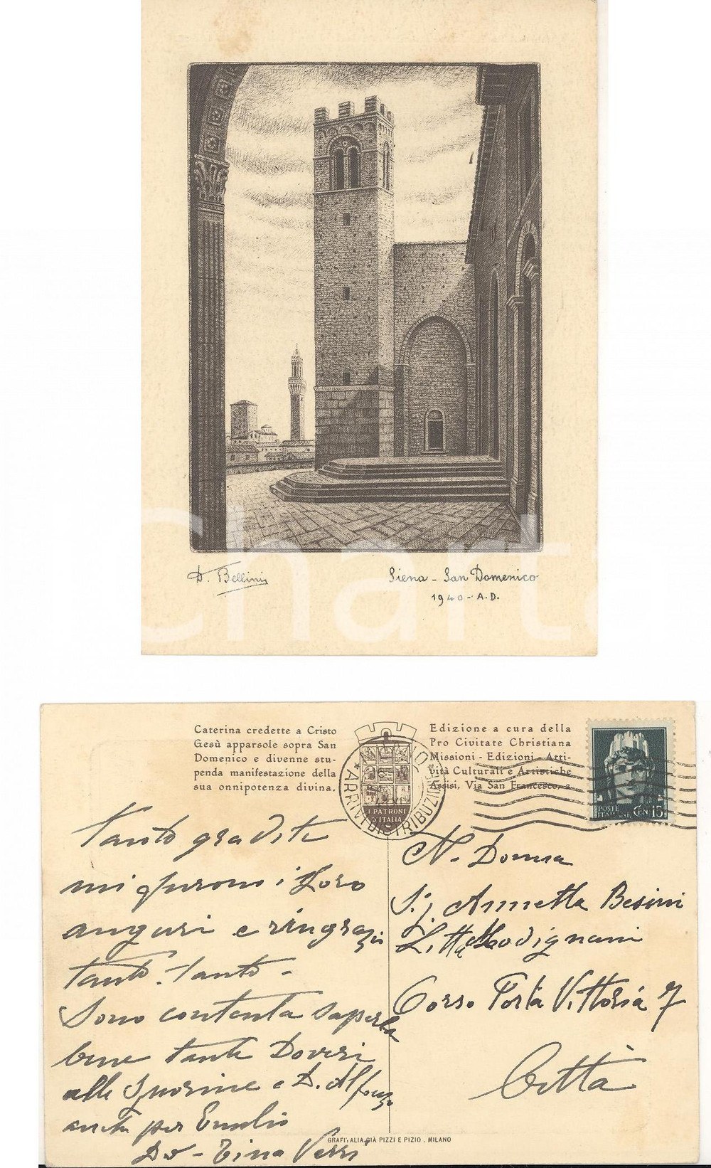Autografo originale 1940 SIENA San Domenico  Cartolina ill. BELLINI Tina VERRI ad Anna BESINI 1
