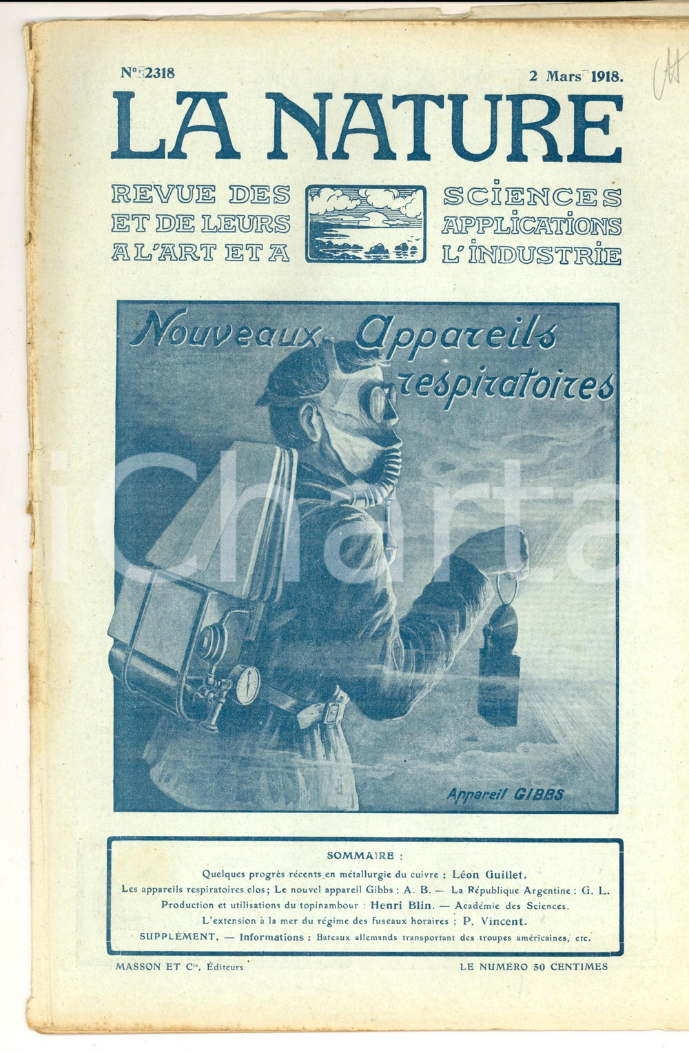 Giornale, rivista storica 1918 LA NATURE Nouveaux appareils respiratoires Revue ILLUSTREE nÂ° 2318 1
