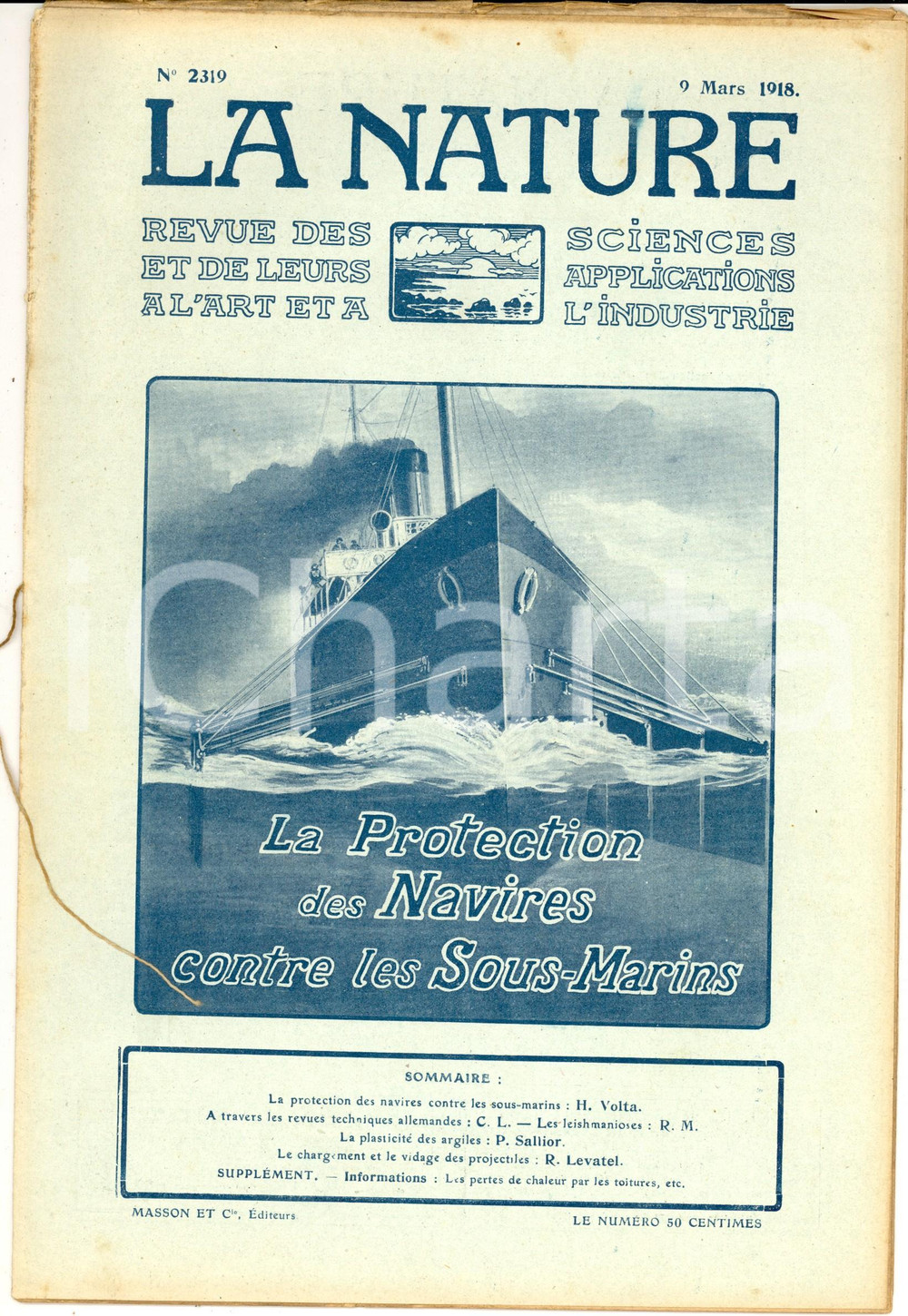 Giornale, rivista storica 1918 LA NATURE Protection navires contre sousmarins Revue ILLUSTREE nÂ° 2319 1
