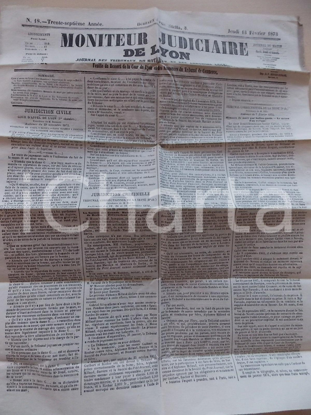 Giornale, rivista storica 1873 LYON Moniteur judiciaire  ProcÃ¨s SociÃ©tÃ© Grands MarchÃ¨s de Berlin 1