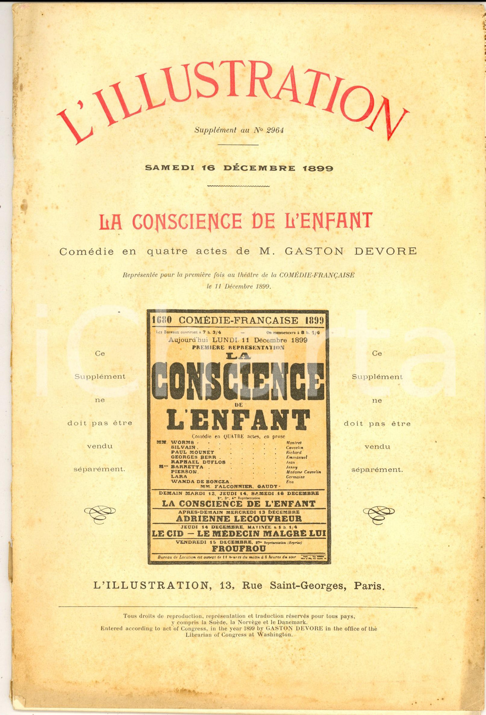 Giornale, rivista storica 1899 L ILLUSTRATION Gaston DEVORE La conscience de l enfant SupplÃ©ment nÂ°2964 1