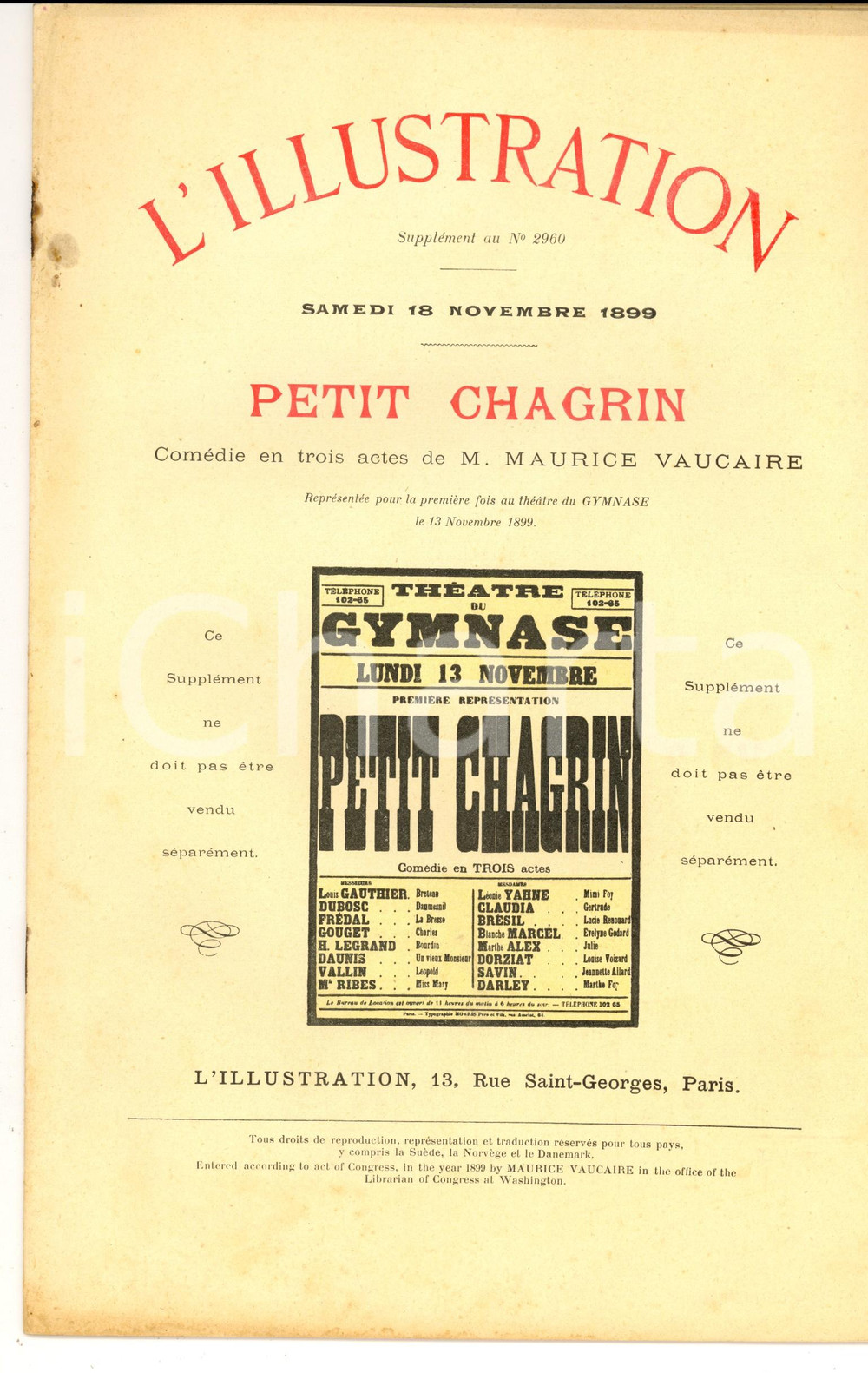 Giornale, rivista storica 1899 L ILLUSTRATION Maurice VAUCAIRE Petit chagrin SupplÃ©ment au nÂ°2960 1