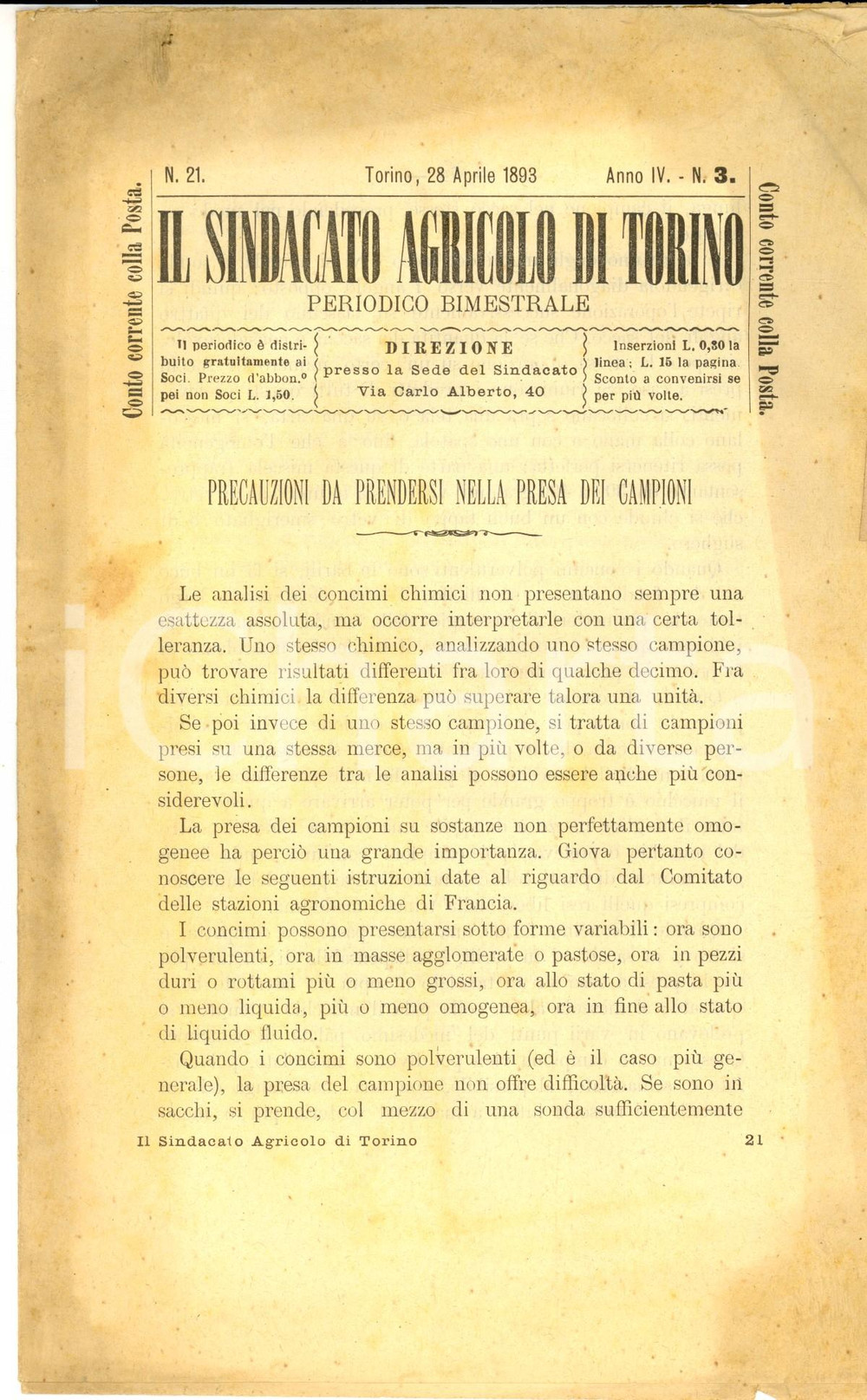 Giornale, rivista storica 1893 TORINO SINDACATO AGRICOLO Precauzioni per la presa dei campioni Anno IV n°3 1