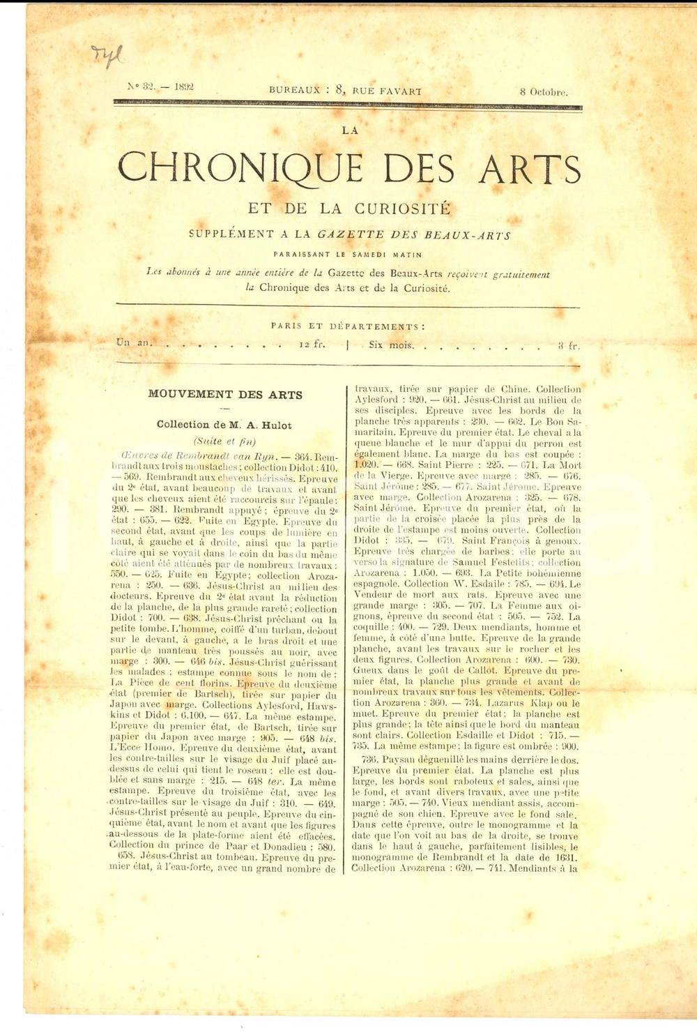 Giornale, rivista storica 1892 PARIS La CHRONIQUE DES ARTS  Collection de HULOT nÂ° 32 SupplÃ©ment 1