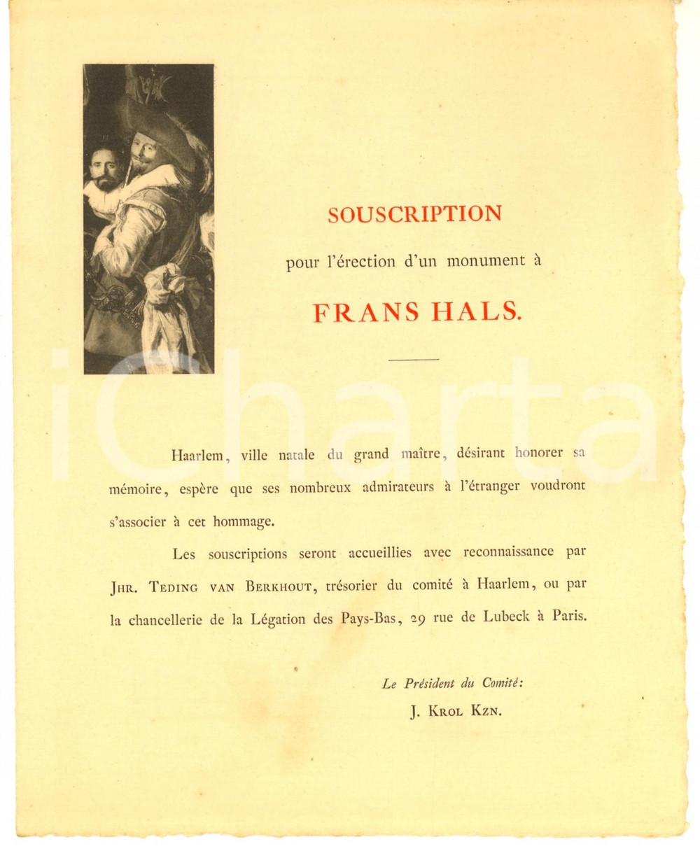 Documento originale, autentico 1890 ca HAARLEM NL Sottoscrizione per il monumento a Frans HALS Lettera 1