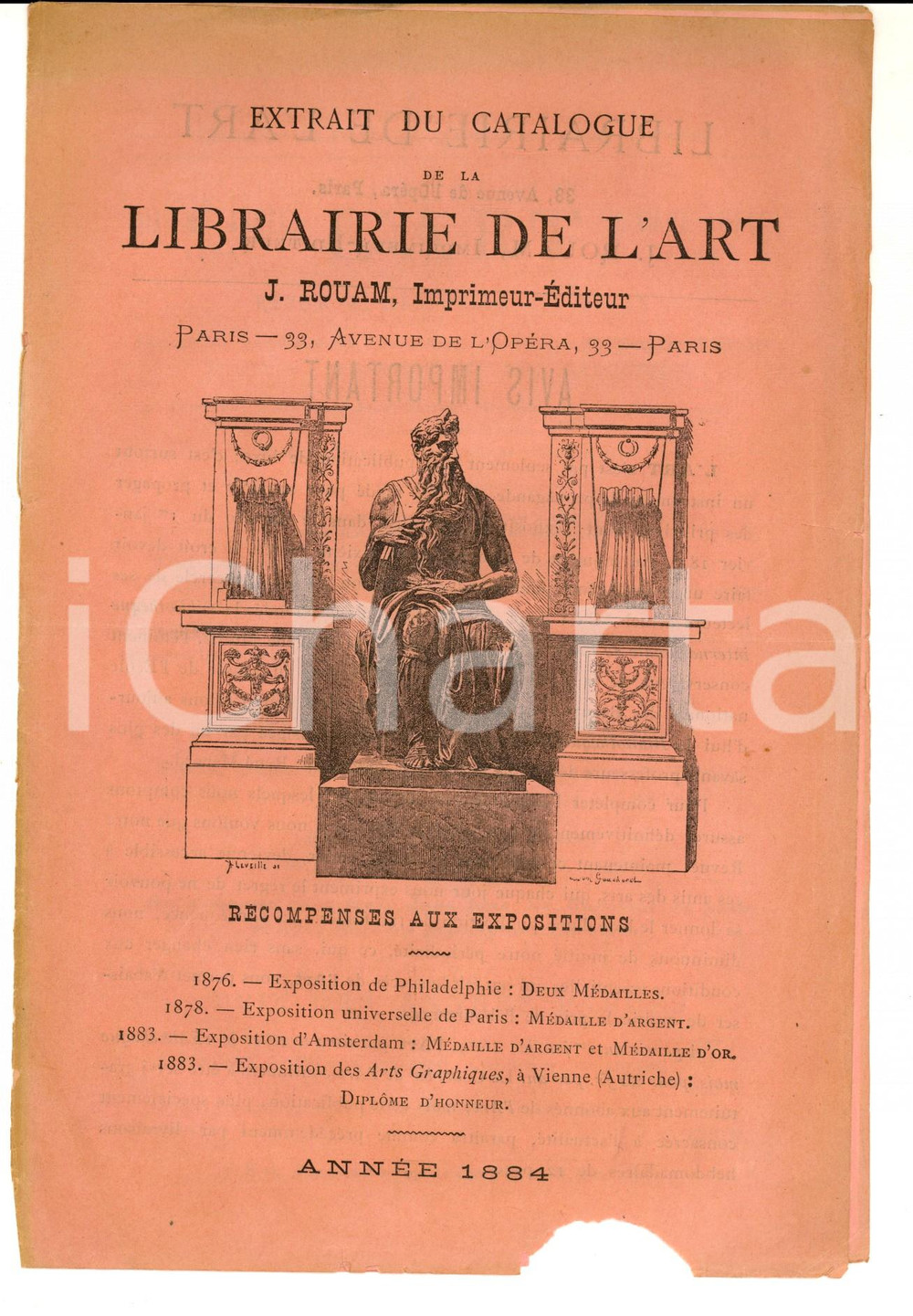 Libro, pubblicazione d epoca 1884 PARIS Extrait du catalogue de la LIBRAIRIE DE L ART J. ROUAM 1