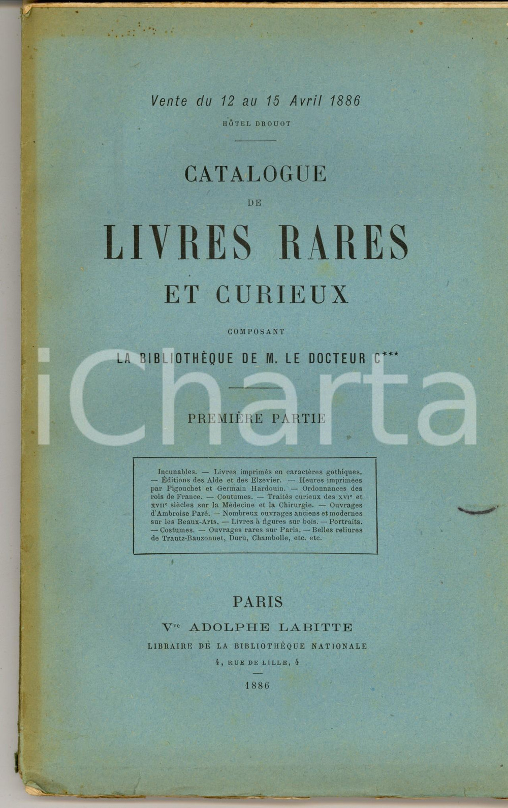 Libro, pubblicazione d epoca 1886 PARIS Catalogue bibliothÃ¨que docteur C Livres rares curieux 1Ã¨re partie 1