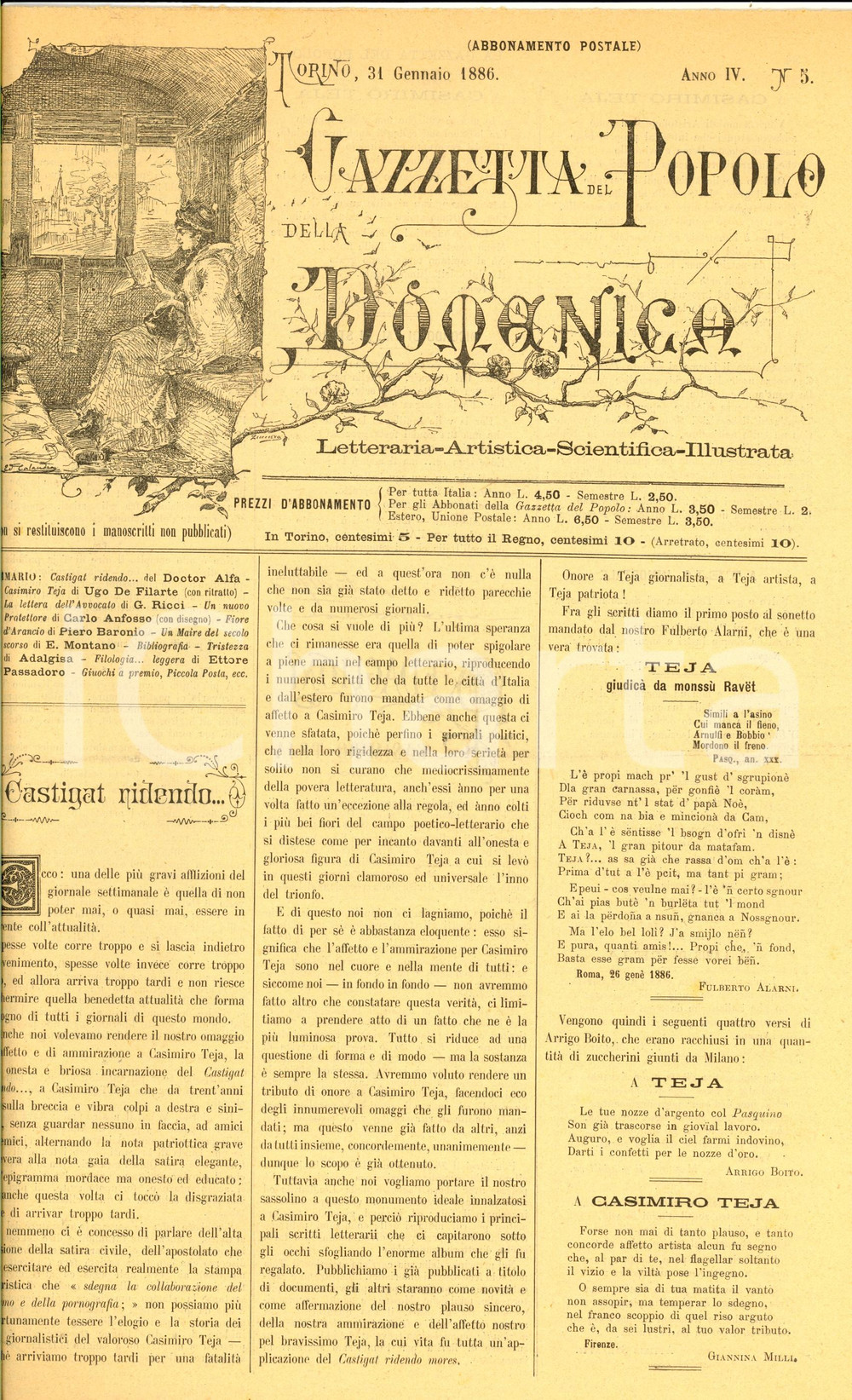 Giornale, rivista storica 1886 GAZZETTA DEL POPOLO DELLA DOMENICA Casimiro TEJA Giornale anno IV nÂ°5 1