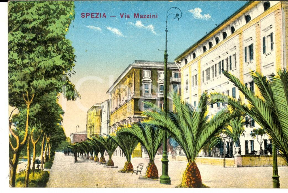 Cartolina originale da collezione 1919 LA SPEZIA Veduta di via MAZZINI Cartolina postale ILLUSTRATA FP VG 1