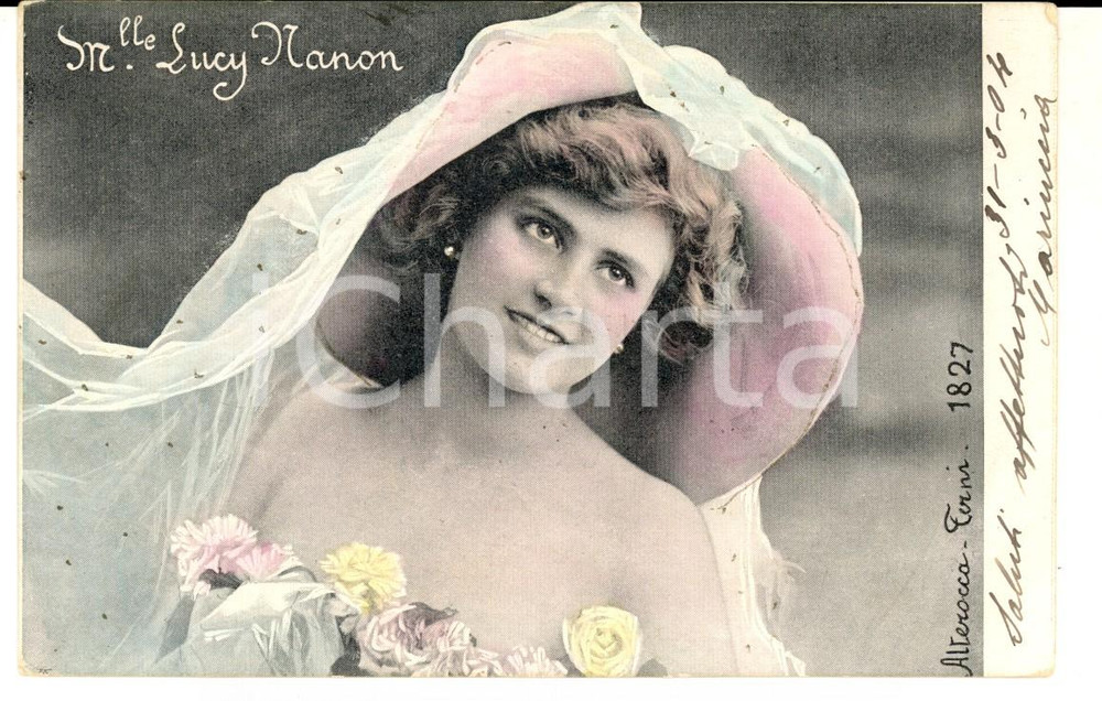 Cartolina originale da collezione 1904 TEATRO M.lle Lucy NANON con velo ricamato Cartolina VINTAGE FP VG 1