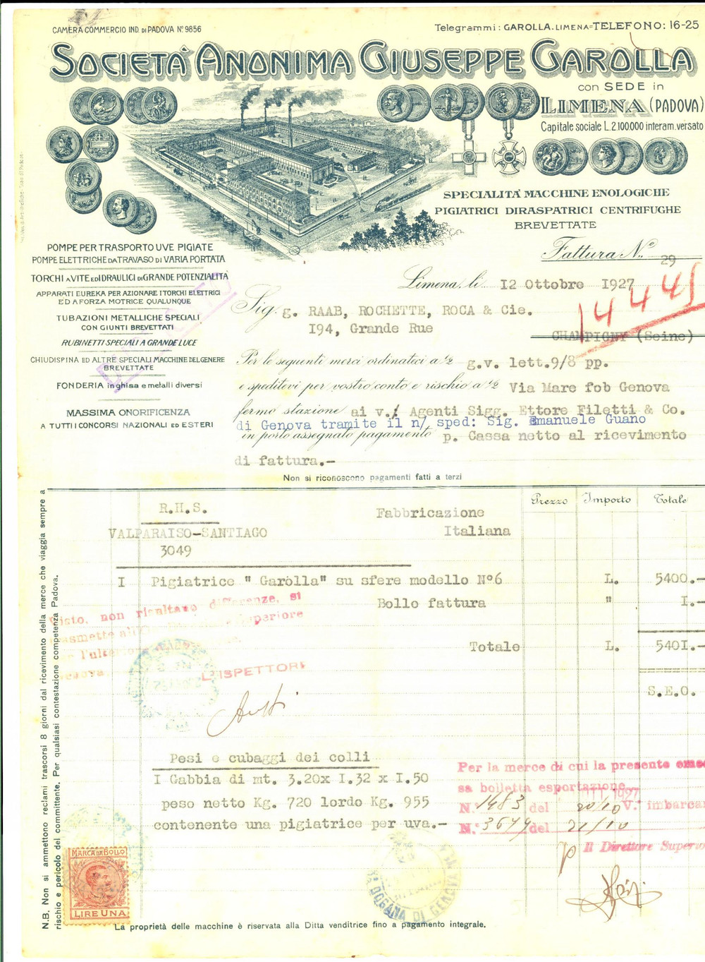 Documento originale, autentico 1927 LIMENA PD SocietÃ  Giuseppe GAROLLA Macchine enologiche Fattura 1