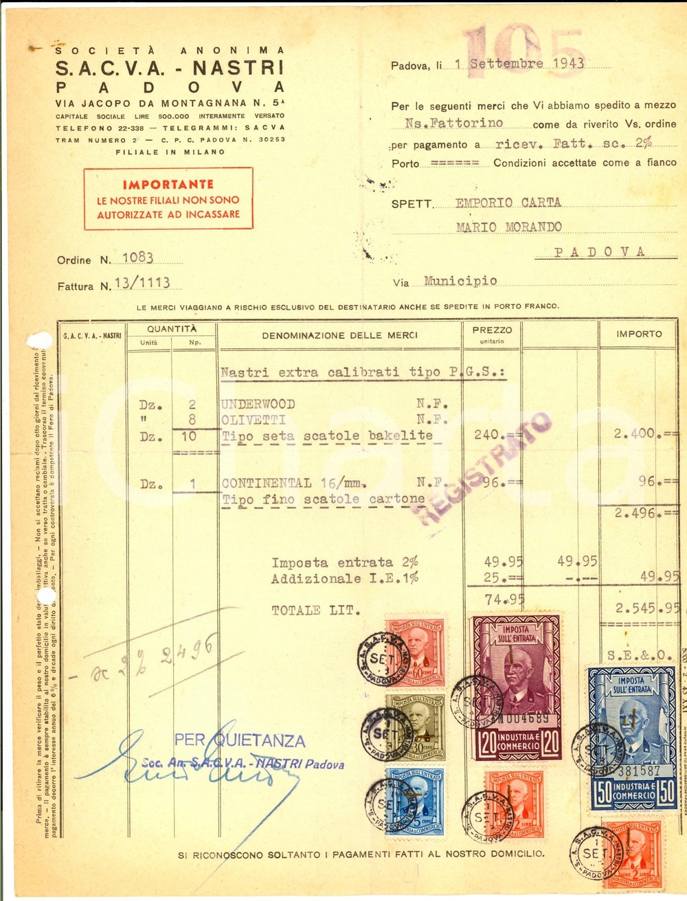 Documento originale, autentico 1943 PADOVA Società Anonima SACVA NASTRI Fattura per nastri calibrati 1