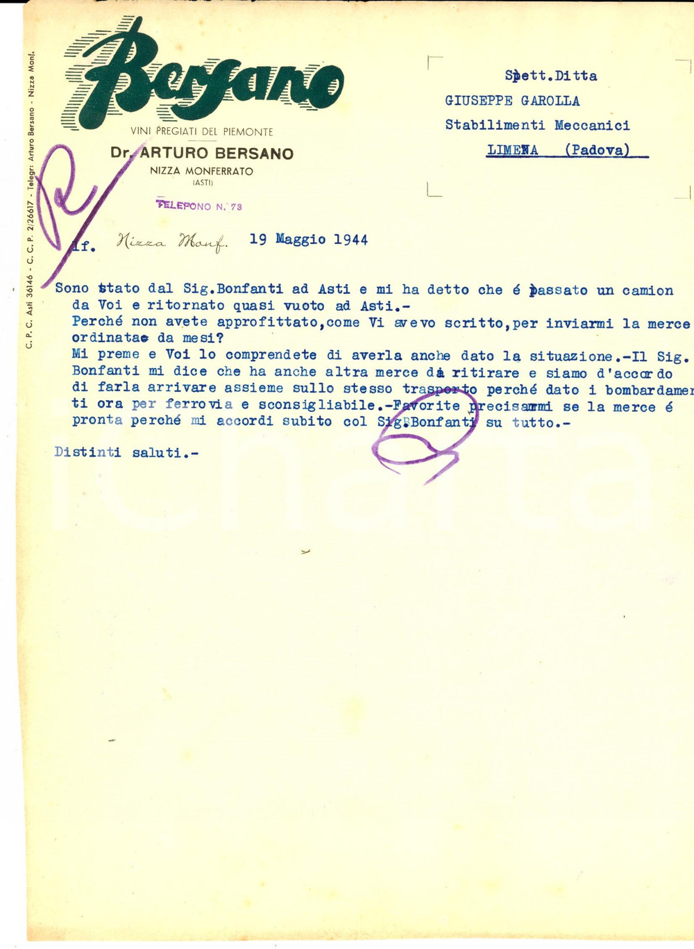 Documento originale, autentico 1944 NIZZA MONFERRATO AT BERSANO Vini pregiati  Lettera su invio di merce 1