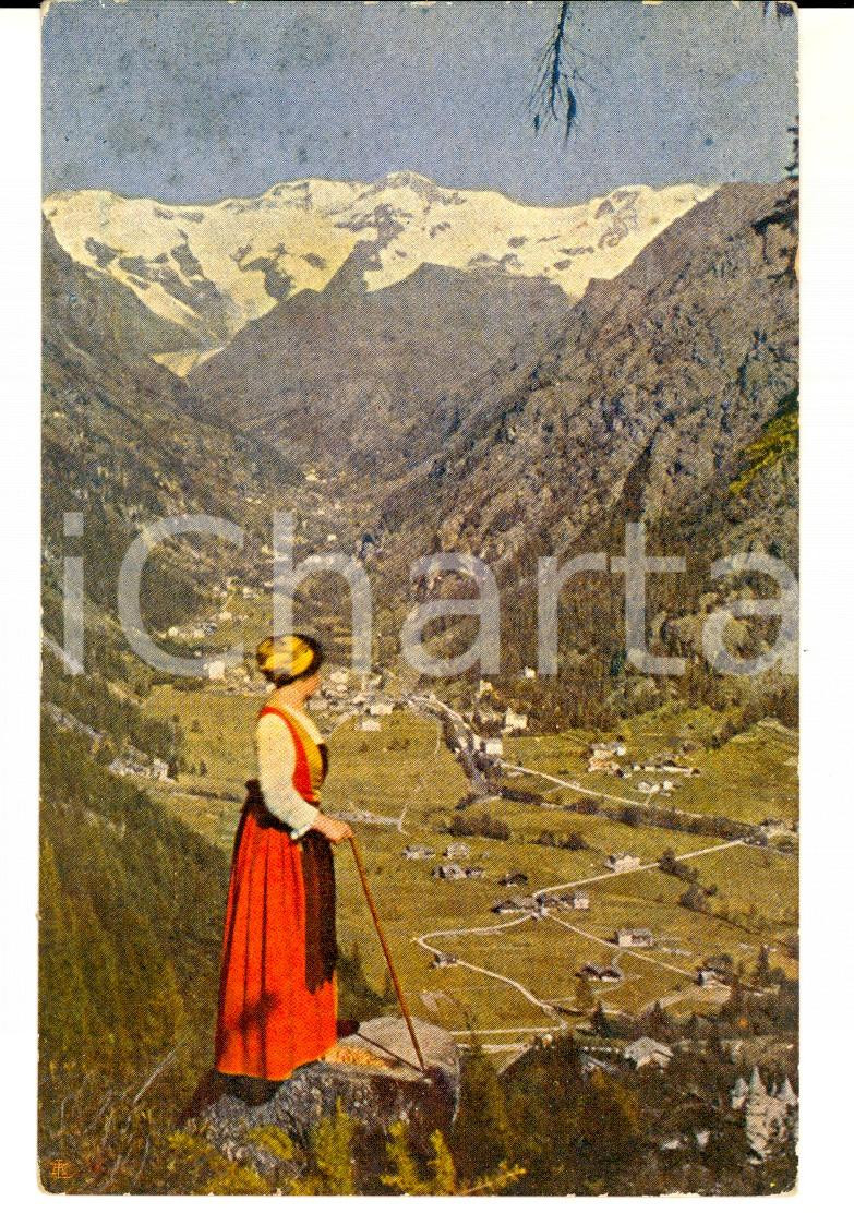 Cartolina originale da collezione 1910 ca GRESSONEY AO Veduta con donna in costume Cartolina ILLUSTRATA FP NV 1