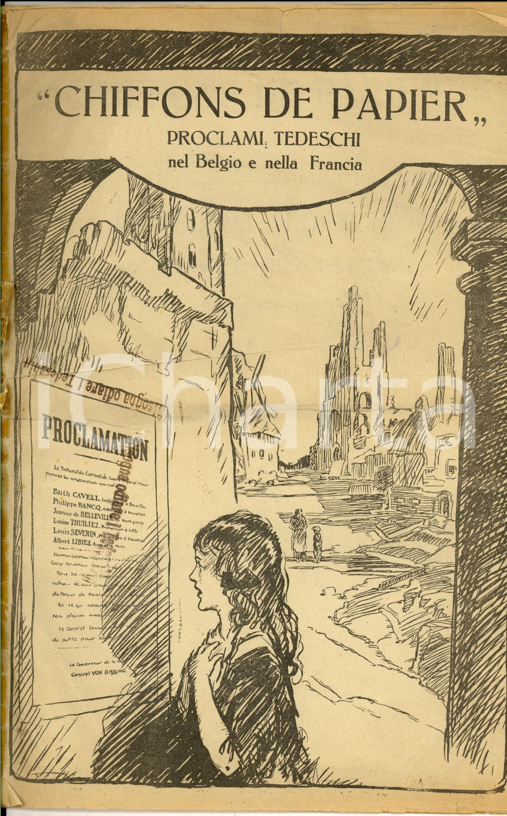 1917 MILANO WW1 Chiffons de papier - Proclami tedeschi BELGIO e FRANCIA DATA: 1917LUOGO: MILANOTITOLO: CHIFFONS DE PAPIERPROCLAMI TEDESCHI NEL BELGIO E NELLA FRANCIADESCRIZIONE: Pubblicazione d'epoca con riproduzione anastatica a colori dei manifestini tedeschi affissi in Belgio e in Francia, e relativa traduzione; con prefazione del deputato Ian Malcolm; brossura editoriale originale.PAGINE: 37DIMENSIONI: cm 24 x 35CONDIZIONI: POORDocumento d'epoca, originale, autentico.  originale e autentica 1