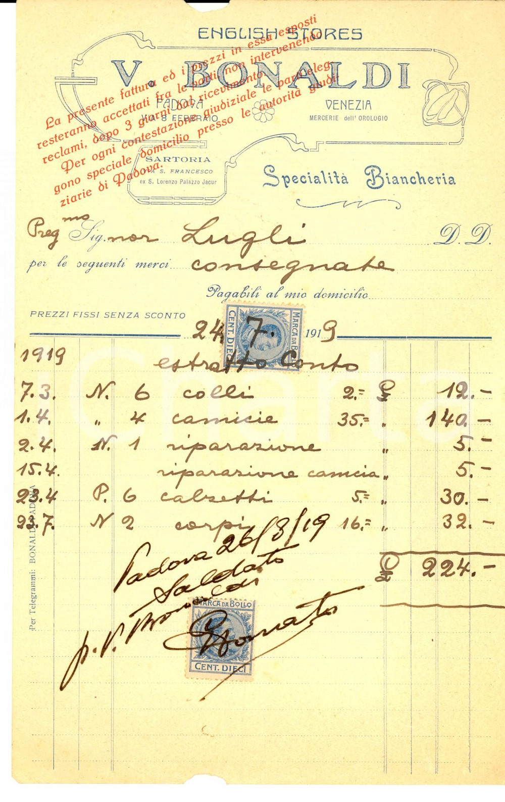 Documento originale, autentico 1919 PADOVA via 8 Febbraio  Sartoria V. BONALDI English stores Fattura 1