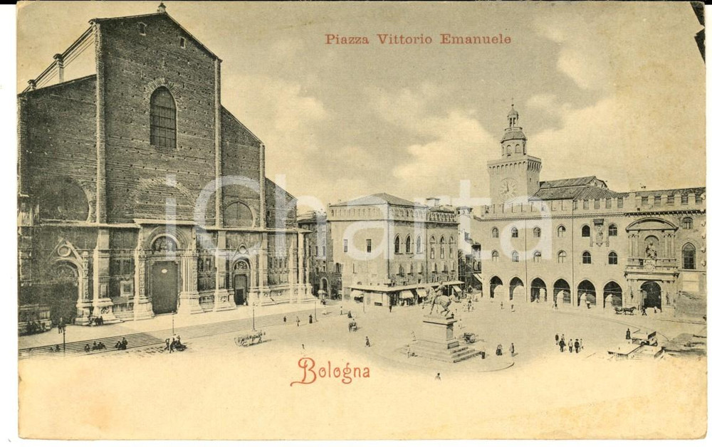Cartolina originale da collezione 1900 ca BOLOGNA Piazza VITTORIO EMANUELE II Cartolina ANIMATA con calesse 1