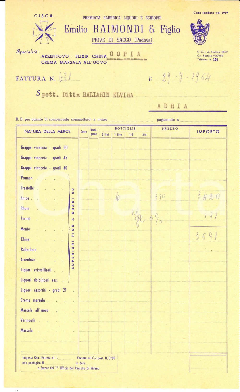 Documento originale, autentico 1954 PIOVE DI SACCO PD Emilio RAIMONDI fabbrica liquori Fattura intestata 1