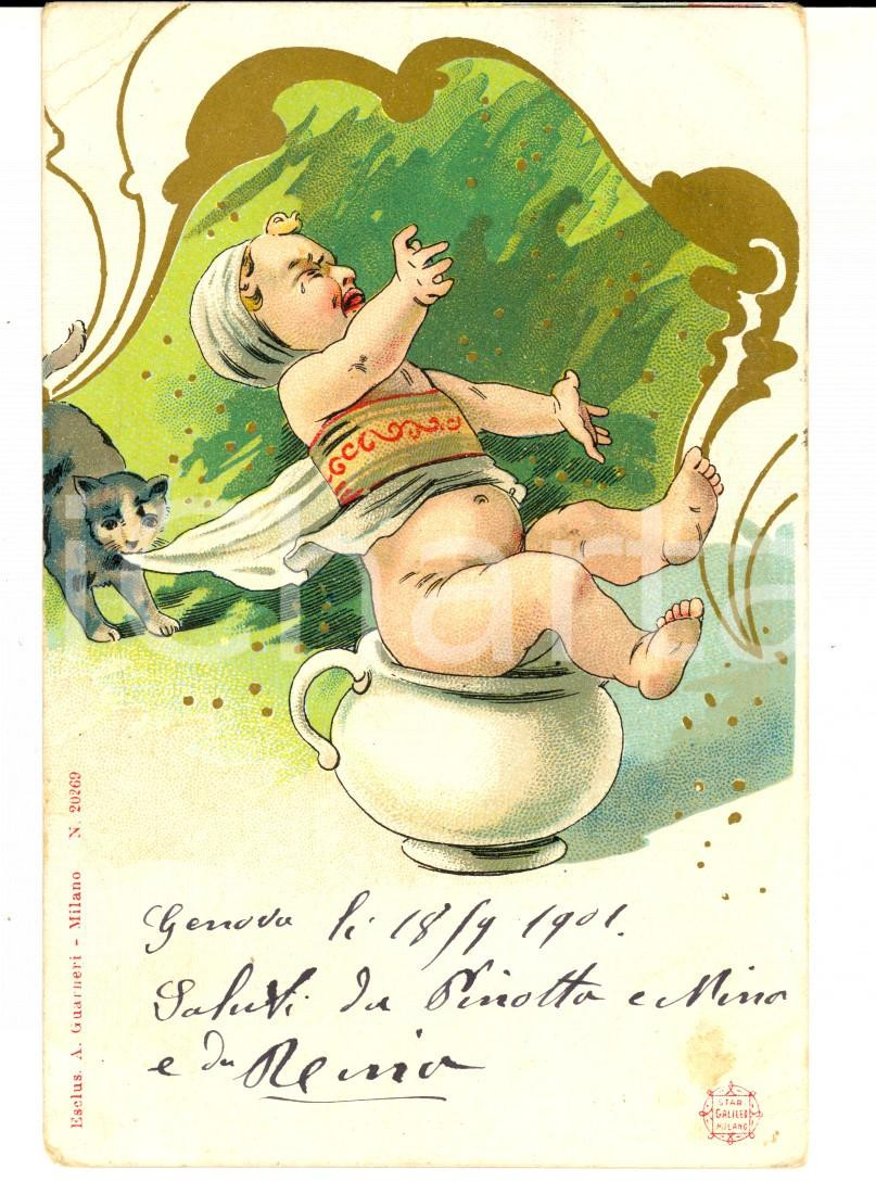 Cartolina originale da collezione 1901 GENOVA Un gatto e un bambino capriccioso Cartolina SATIRICA ILLUSTRATA 1