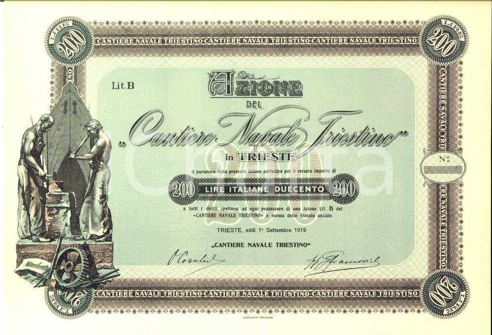 Oggetto da collezione cartaceo 1919 TRIESTE Cantiere Navale Triestino Certificato azionario ILLUSTRATO 1