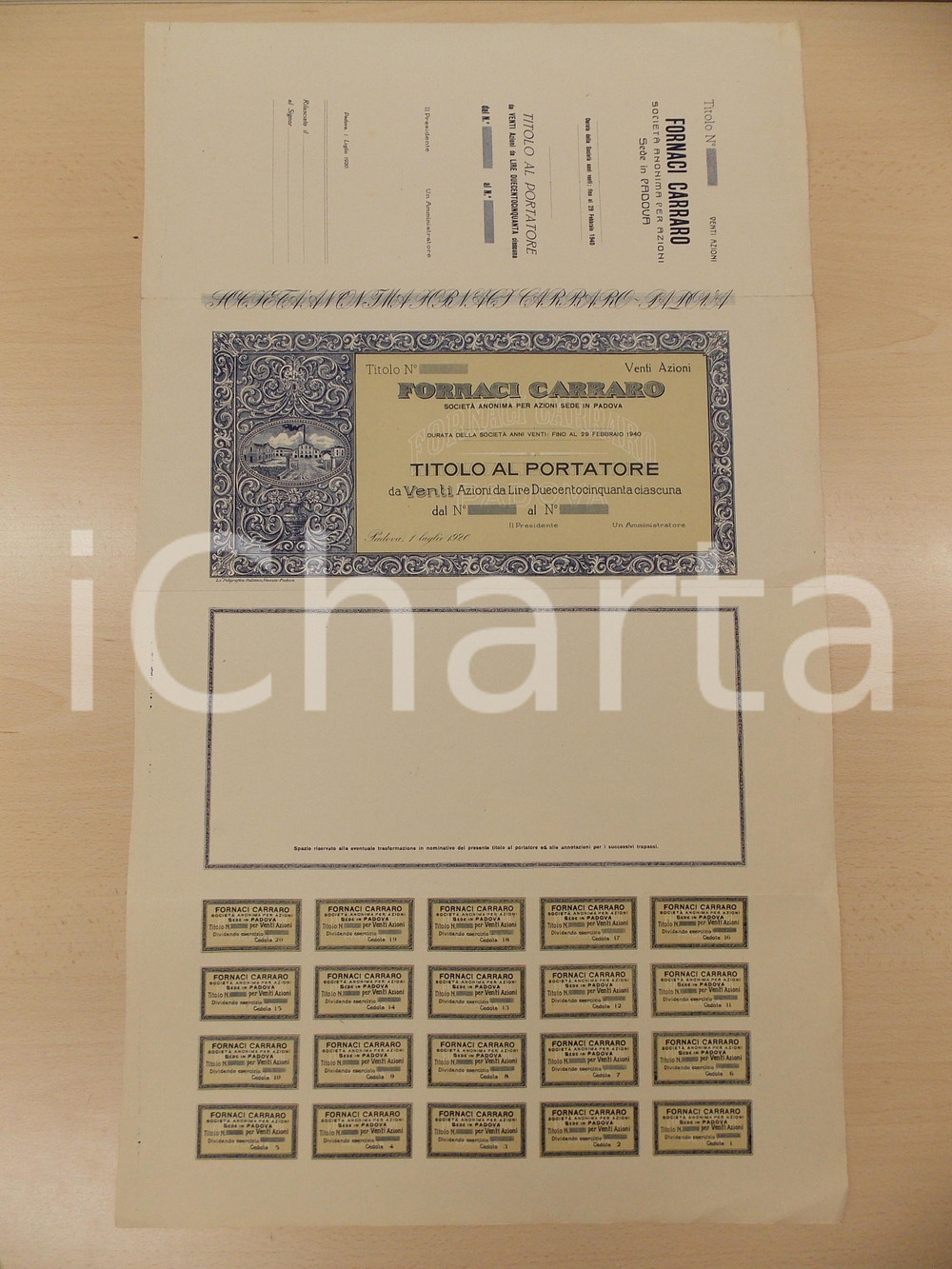 Oggetto da collezione cartaceo 1920 PADOVA Fornaci CARRARO spa Certificato azionario con tagliandi 1
