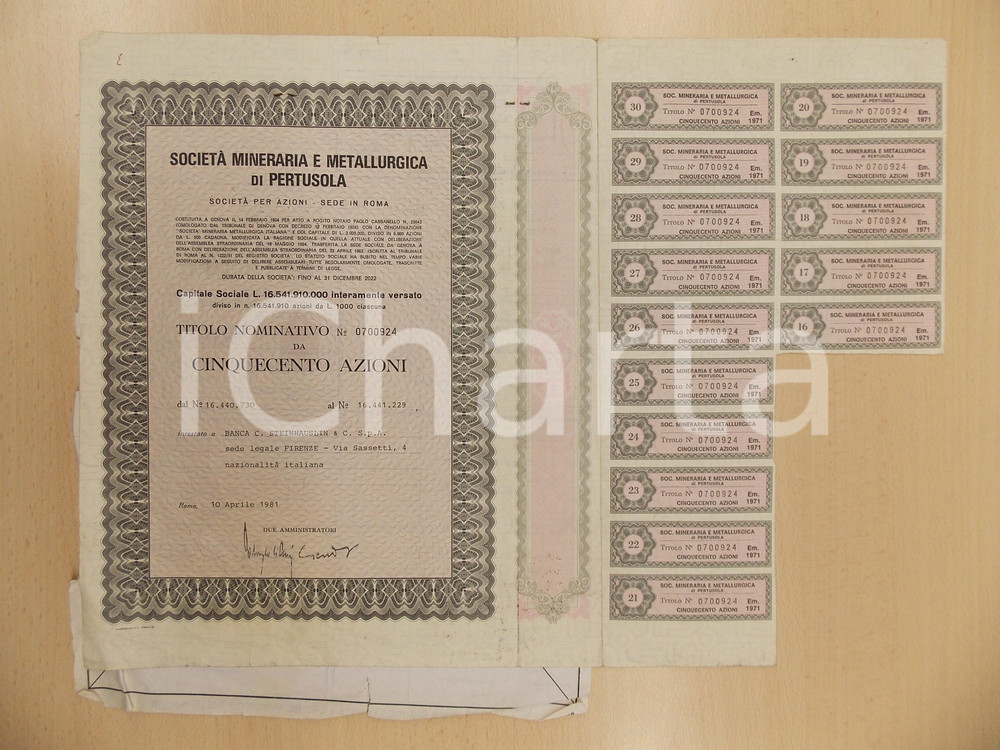 Oggetto da collezione cartaceo 1981 Società Mineraria e Metallurgica di PERTUSOLA Certificato azionario cedole 1