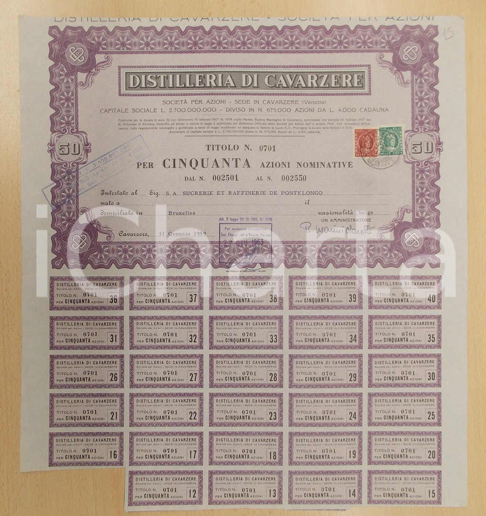 Oggetto da collezione cartaceo 1959 DISTILLERIA DI CAVARZERE VE Certificato 50 azioni nominative con cedole 1