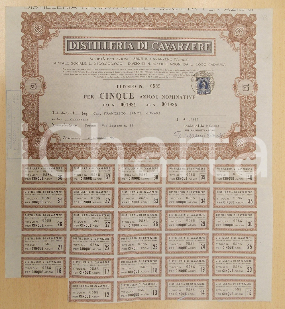 Oggetto da collezione cartaceo 1959 DISTILLERIA DI CAVARZERE VE Certificato 5 azioni nominative con cedole 1