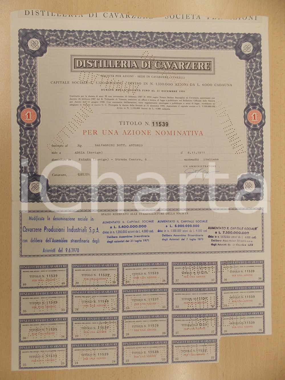 Oggetto da collezione cartaceo 1974 DISTILLERIA DI CAVARZERE VE Certificato per una azione nominativa cedole 1