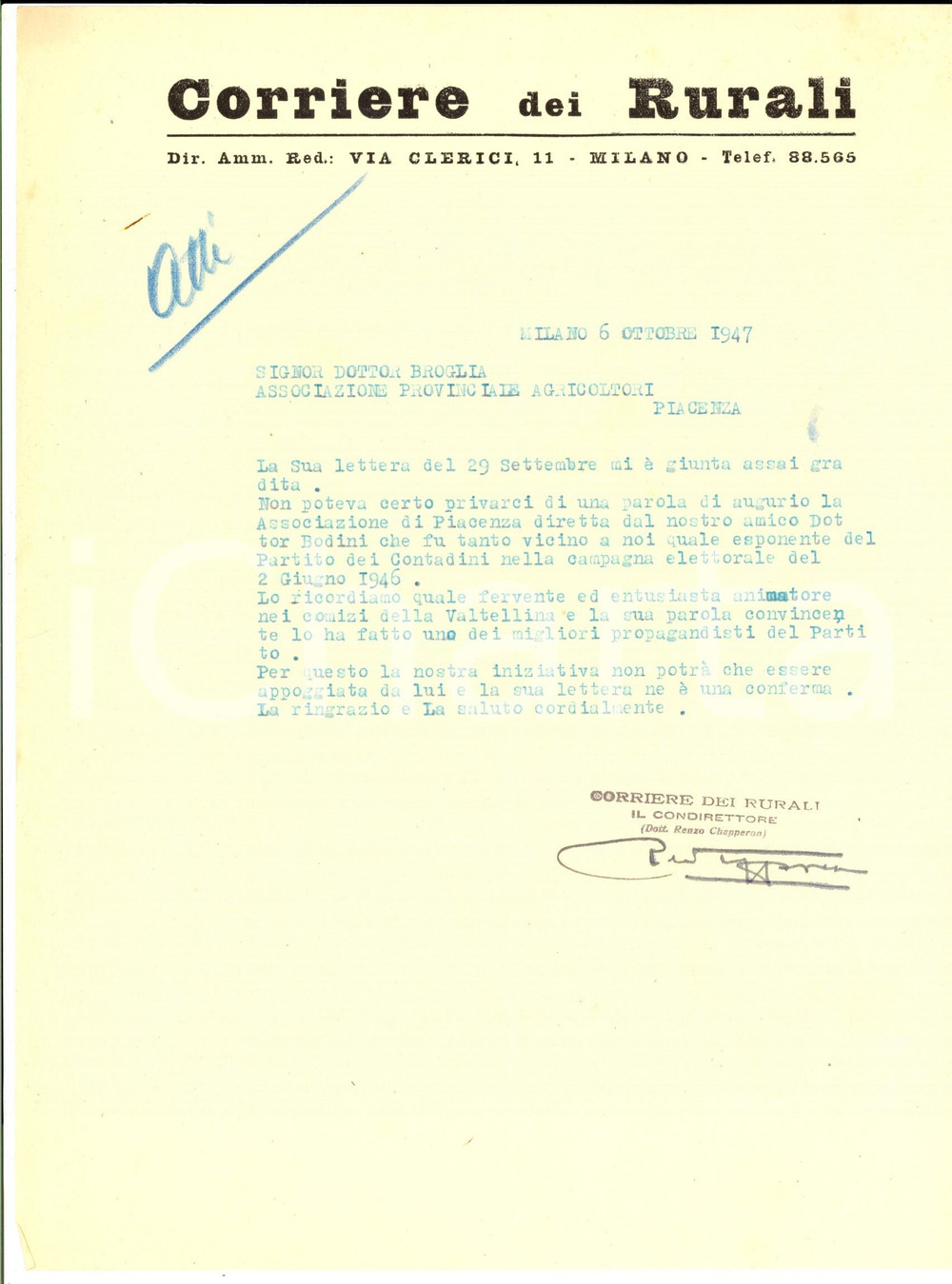 Autografo originale 1947 MILANO CORRIERE DEI RURALI Renzo CHAPPERON su iniziativa BODINI Autografo 1