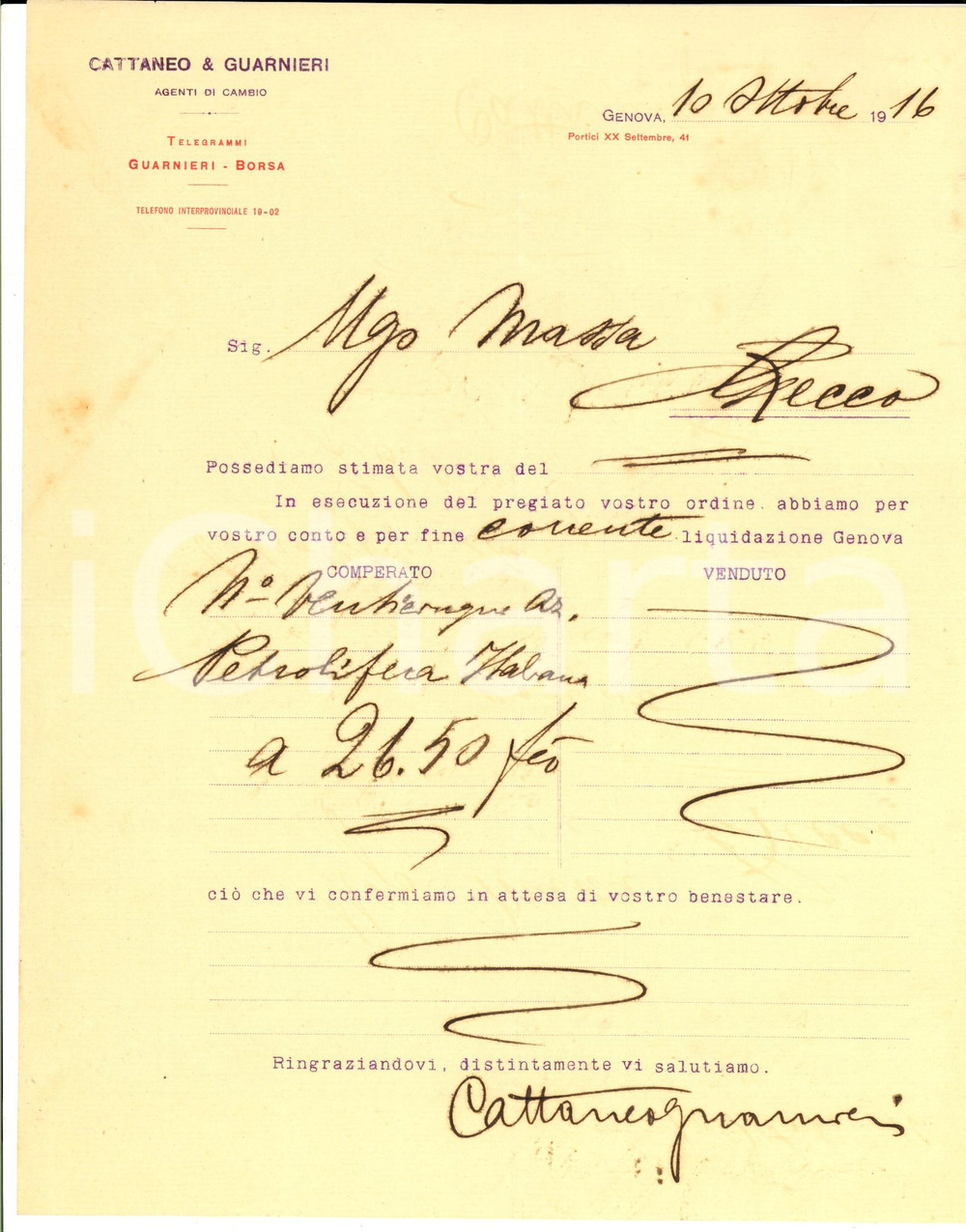 Documento originale, autentico 1916 GENOVA Lettera di acquisti CATTANEO & GUARNIERI Agenti di cambio 1