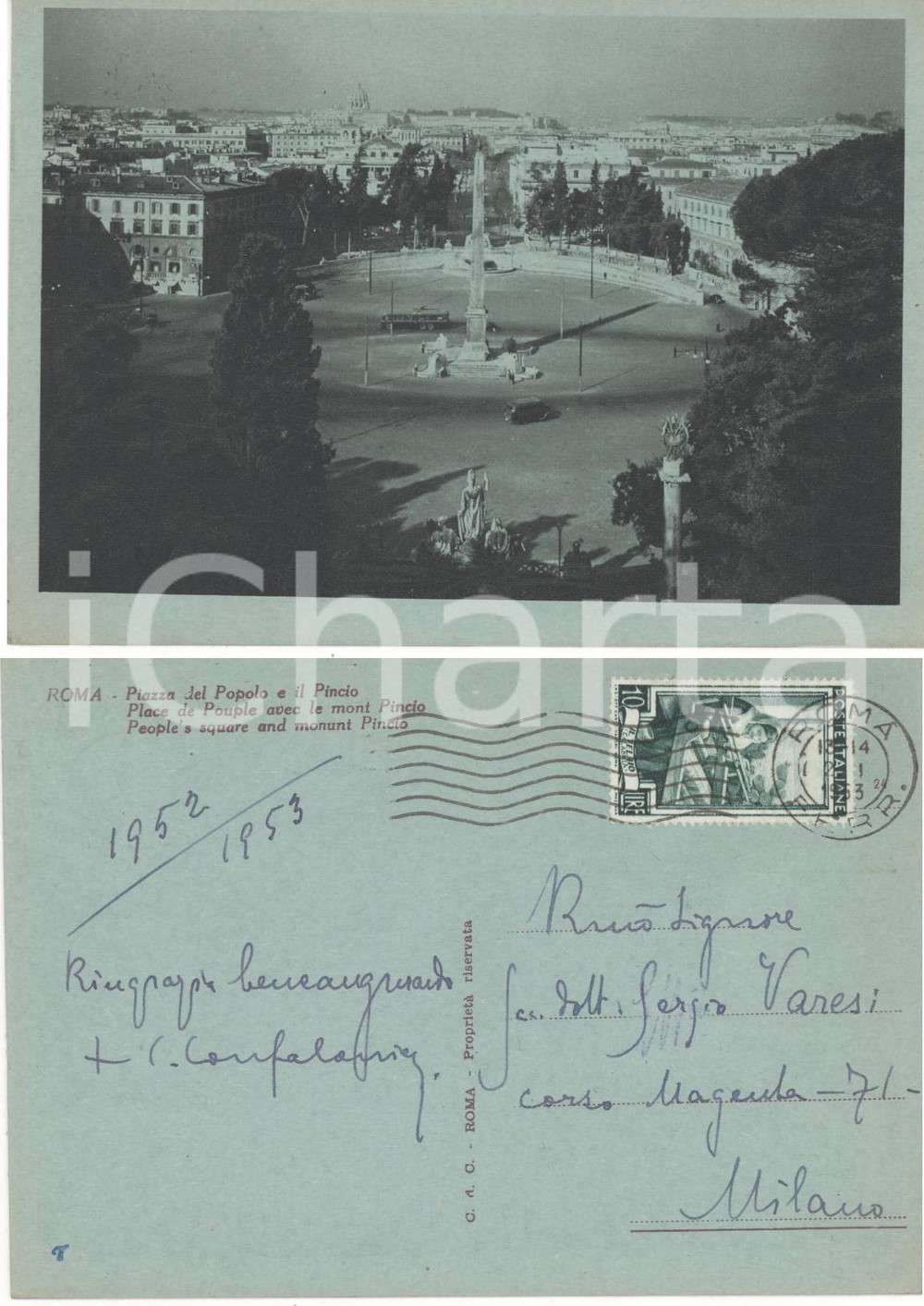 Autografo originale 1953 ROMA Piazza del Popolo Cartolina card. Carlo CONFALONIERI Autografo 1